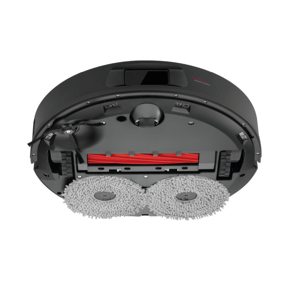 Die Unterseite des Roborock Qrevo Plus Black zeigt zwei kreisförmige Mopps, eine zentrale Bürste und Räder.