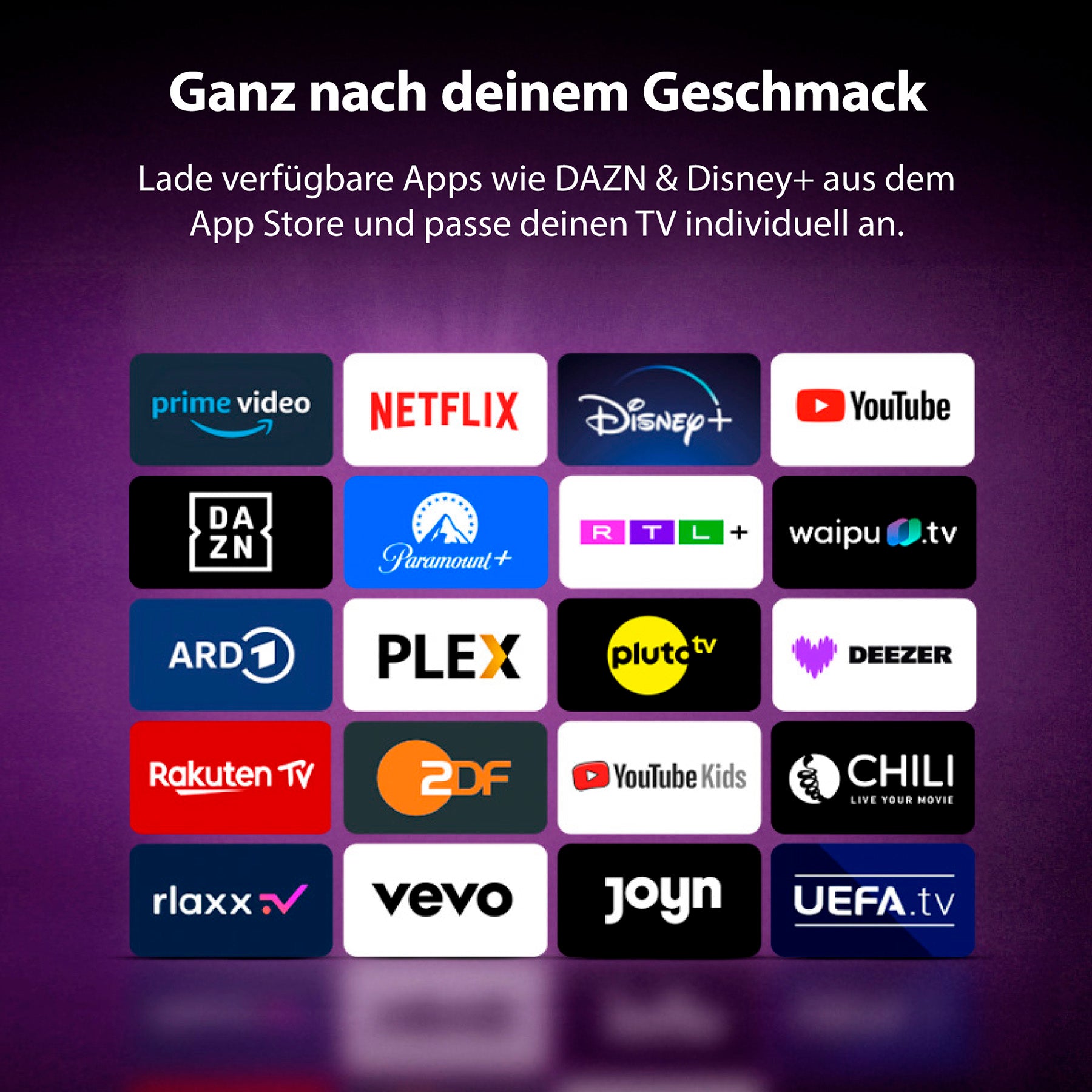 Ein Raster aus 24 Logos beliebter Streaming-Apps wie Netflix und Disney+ auf einem violetten Hintergrund mit deutschem Text darüber präsentiert den Dyon Smart 24 VX-V Smart TV (24 Zoll, 60 cm).