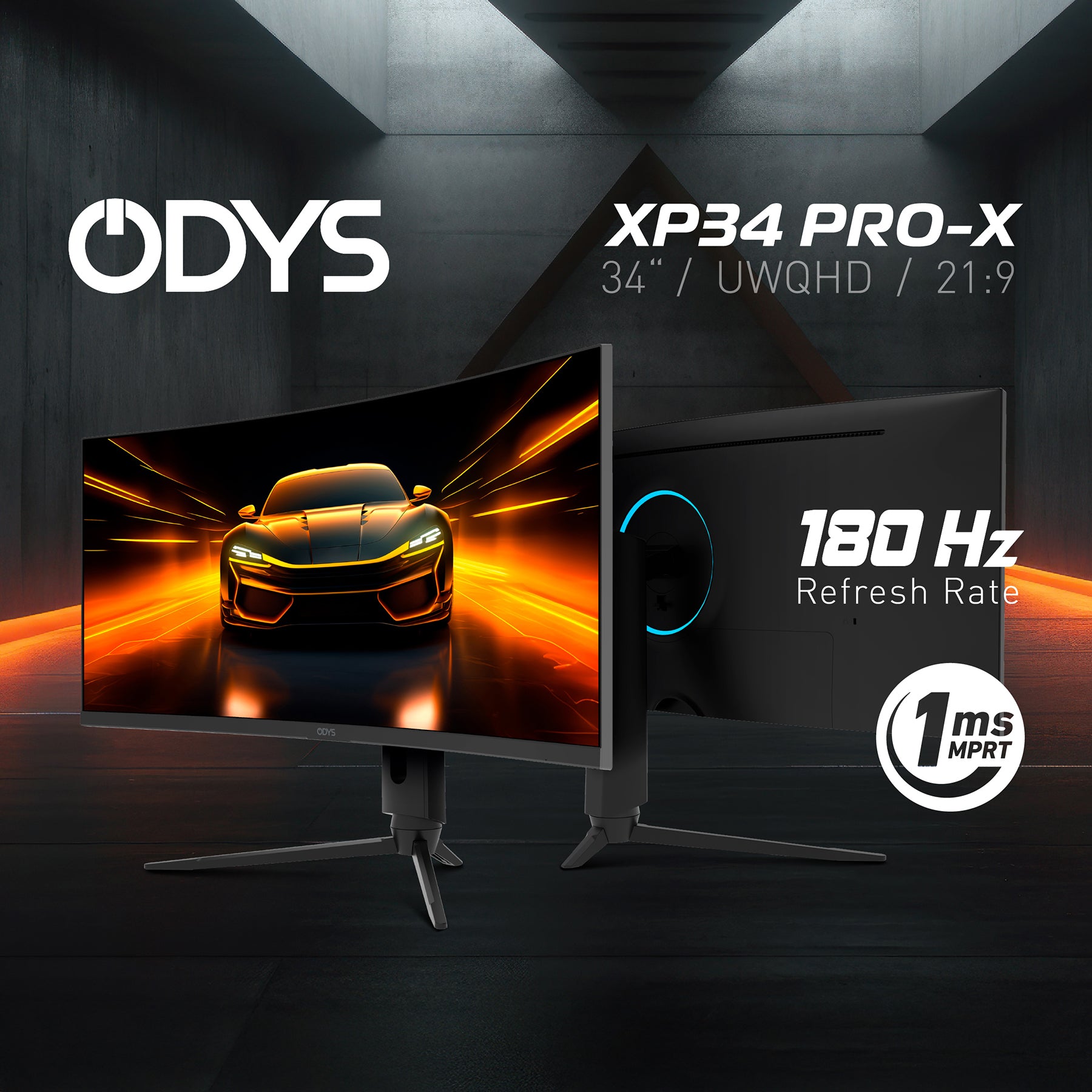 Zwei Odys XP34 PRO-X Curved Gaming Monitore (34 Zoll, 86 cm) werden gezeigt, einer davon mit einer Autografik, die die UWQHD-Auflösung, das Seitenverhältnis 21:9, die Bildwiederholrate von 180 Hz und die Reaktionszeit von 1 ms hervorhebt.