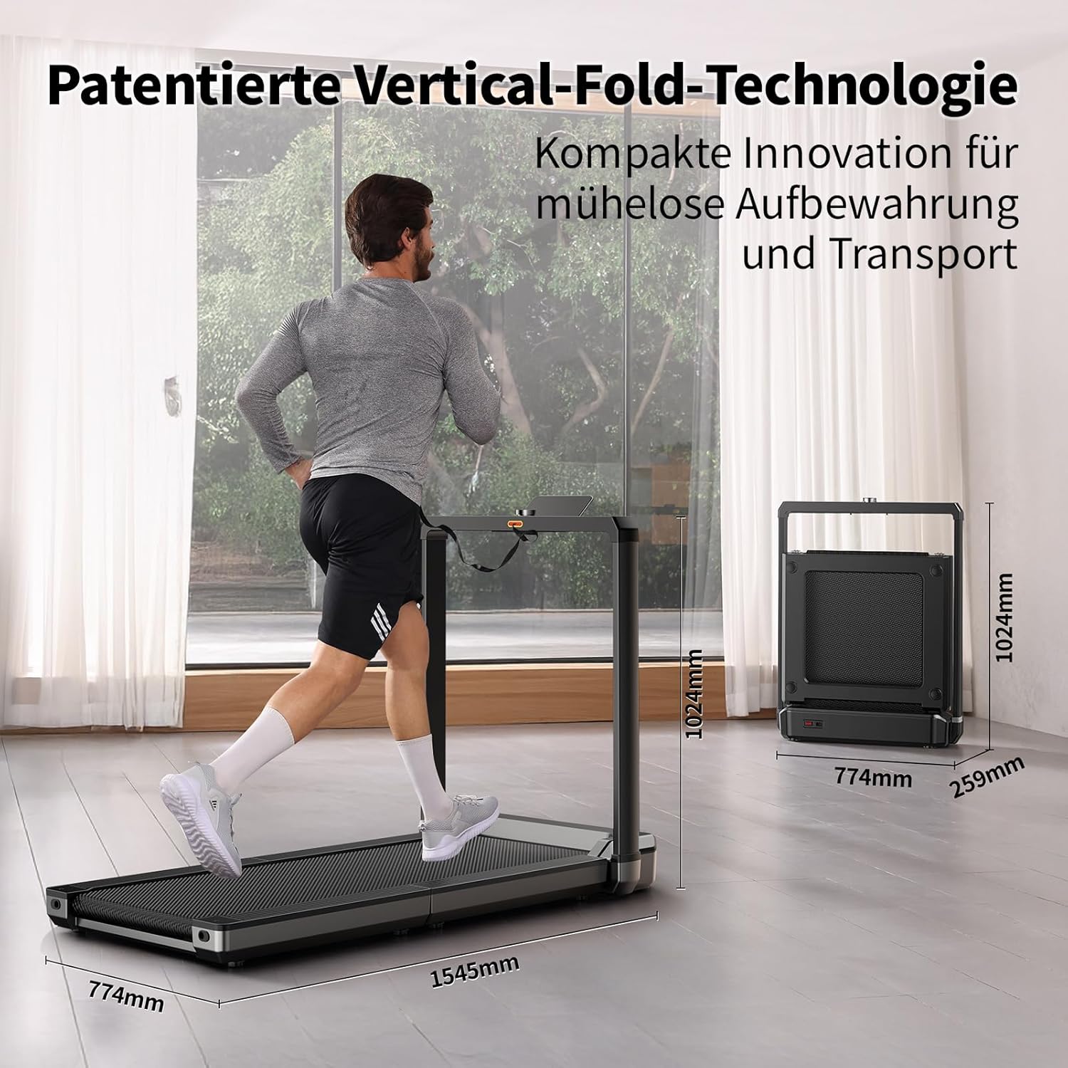 Ein Mann läuft auf dem Kingsmith WalkingPad X23/MX16 klappbares Laufband (bis 16 km/h & 136 kg) mit patentiertem vertikalem Faltdesign, das sowohl ungefaltet als auch gefaltet gezeigt wird, mit beschrifteten Abmessungen.