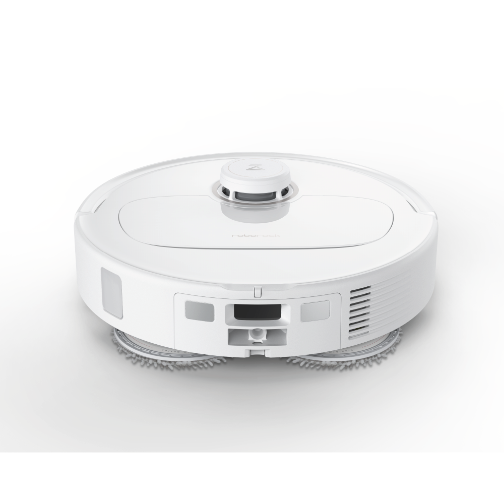 Der Roborock Qrevo MaxV White, ein kreisförmiger Staubsaugerroboter, wird vor einem schlichten weißen Hintergrund präsentiert.