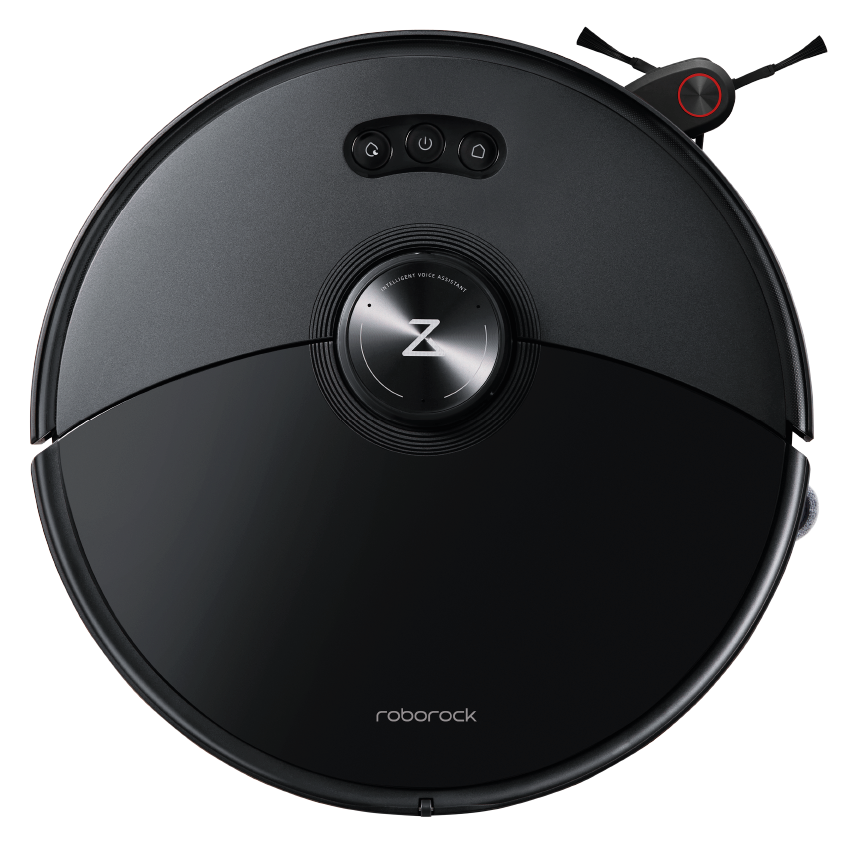Der Roborock S8 MaxV Ultra Black Staubsaugerroboter, von oben gesehen, verfügt über ein zentrales Bedienfeld und einen seitlichen Bürstenaufsatz.
