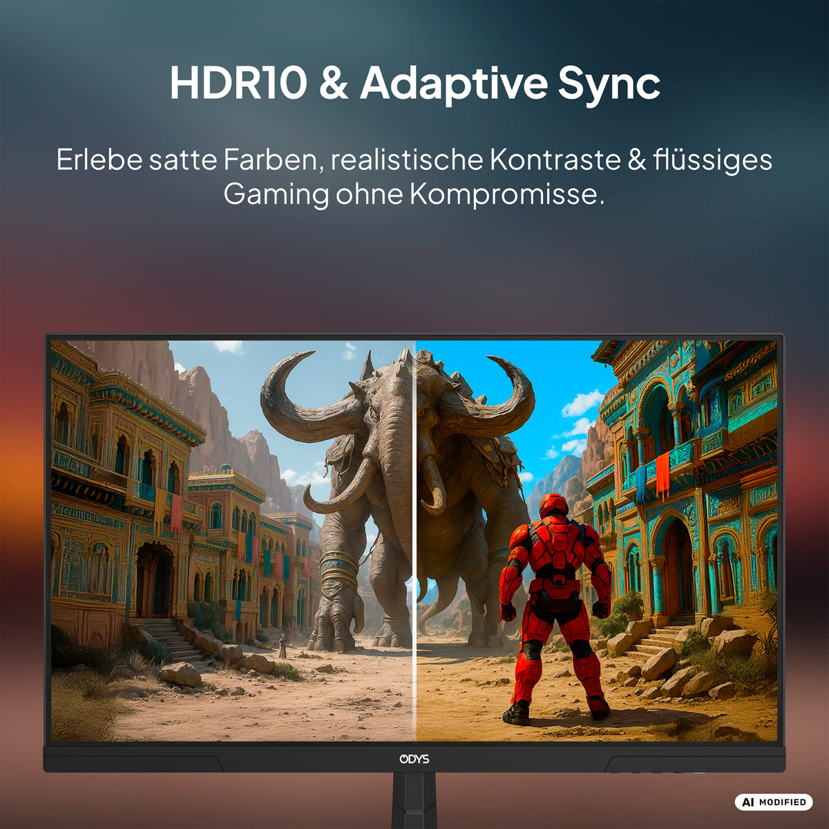 Ein Odys ODYS i27-F-144 Flat Gaming-Monitor (27 Zoll, 69 cm) zeigt eine Fantasieszene, die in der Mitte geteilt ist, um die HDR10- und Adaptive-Sync-Effekte hervorzuheben; die linke Hälfte wirkt gedämpft, während die rechte Hälfte vor leuchtenden Farben und verbesserten Details nur so strotzt – alles nahtlos dargestellt auf einem IPS-Panel mit einer schnellen Bildwiederholfrequenz von 144 Hz.