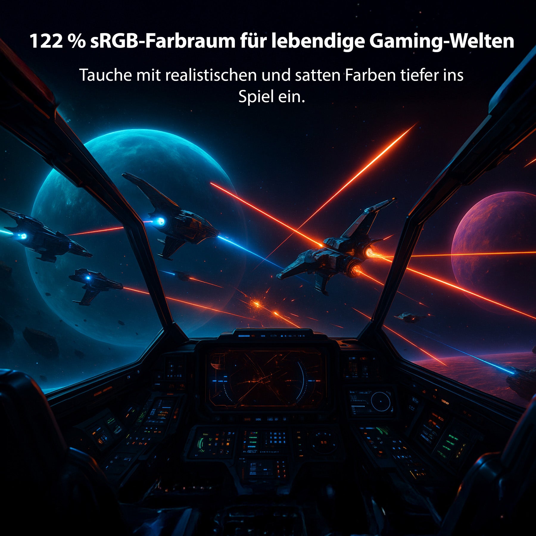 Erleben Sie auf dem Odys XE34-UWQ-120 Curved Gaming Monitor (34 Zoll, 86 cm) epische Weltraumschlachten in leuchtenden Farben, während Sie aus Ihrem Cockpit Schiffe und Laserstrahlen gegen Planeten und Sterne sehen.