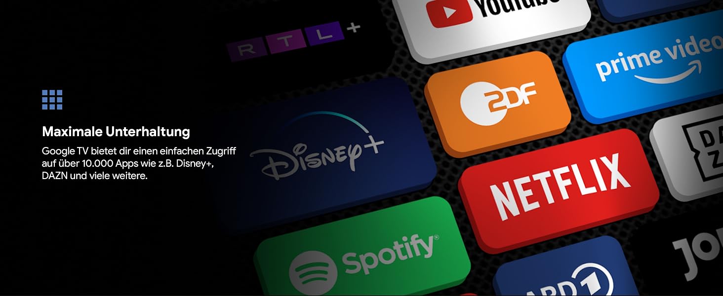 Verschiedene App-Symbole für Streaming-Dienste, darunter Netflix, Disney+, Prime Video und Spotify, werden auf einem Bildschirm angezeigt und verdeutlichen, dass Google TVs Zugriff auf über 10.000 Apps hat.
