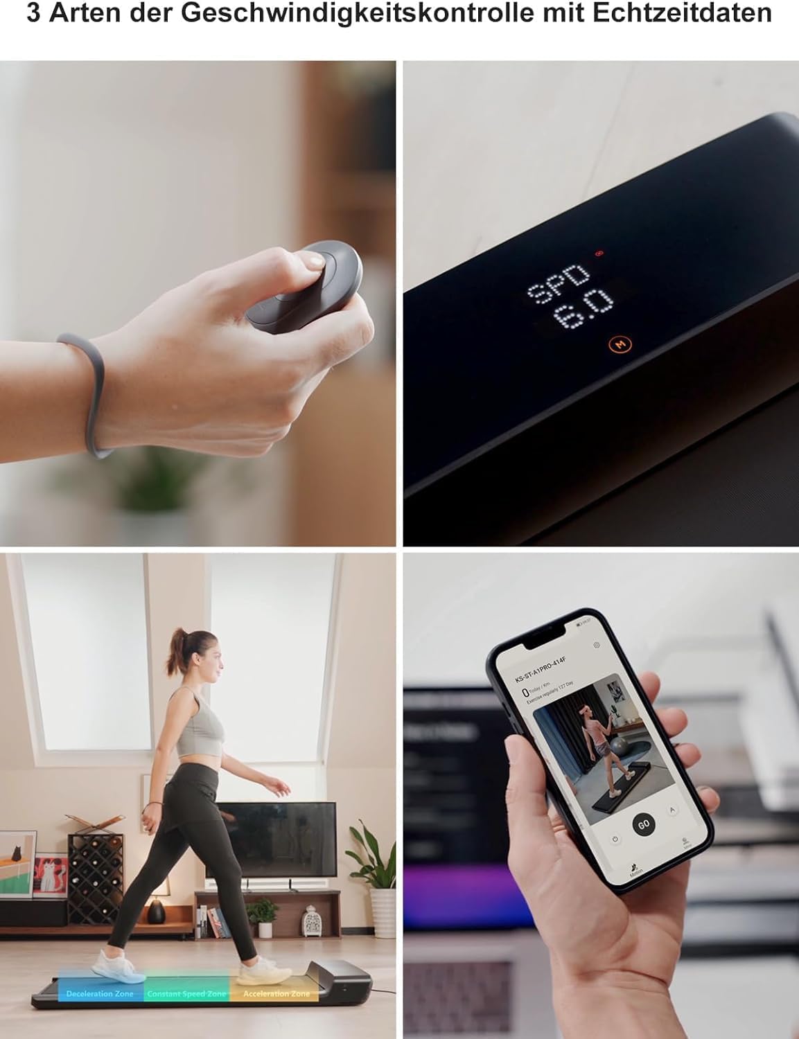 Eine Frau benutzt das Kingsmith WalkingPad A1 Pro Klappbares Laufband Schreibtisch bis 136 kg und passt die Geschwindigkeit mit einer Fernbedienung an. Das digitale Display zeigt die Geschwindigkeit an, während ihr Smartphone die Statistiken aufzeichnet - ideal, um den Fortschritt beim Laufen zu überwachen.