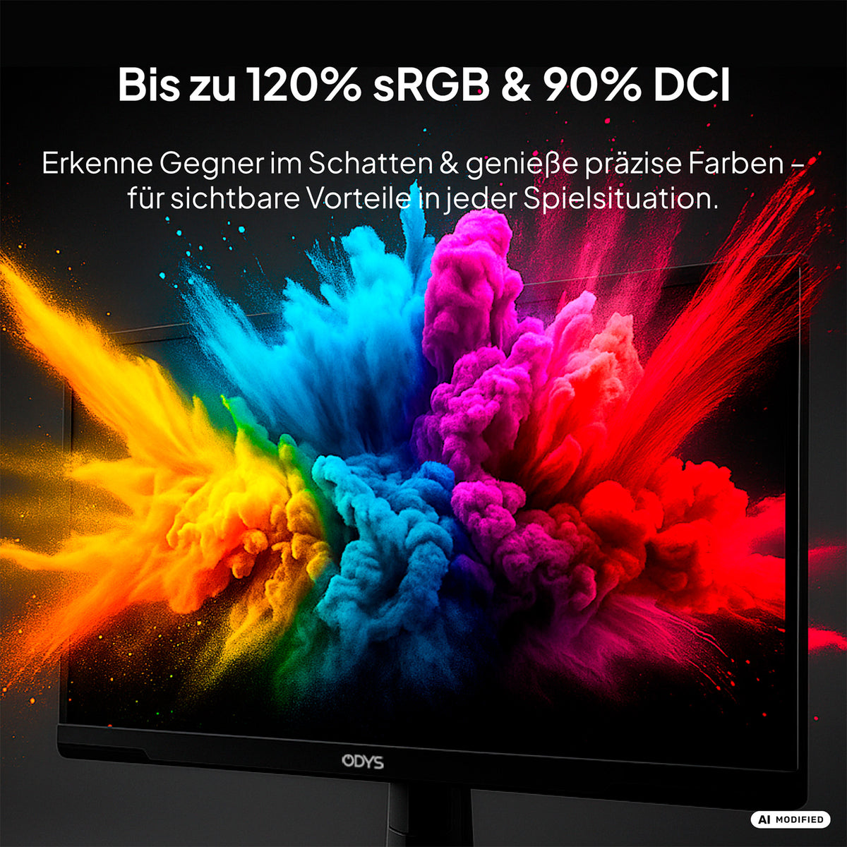 Der flache Gaming-Monitor Odys ODYS i27-F-144 (27 Zoll, 69 cm) zeigt lebendige Pulver-Explosionen, begleitet von deutschem Text, der die Farbabdeckung von bis zu 120 % sRGB und 90 % DCI für verbesserte Gaming-Grafiken hervorhebt – perfekt ergänzt durch eine flüssige Bildwiederholfrequenz von 144 Hz.
