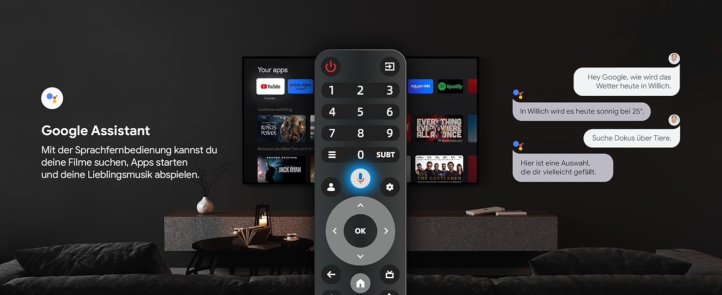 Eine TV-Fernbedienung wird vor einen Smart-TV gehalten, der Streaming-Apps anzeigt, während der deutsche Google Assistant Text und Nachrichten auf dem Bildschirm anzeigt.