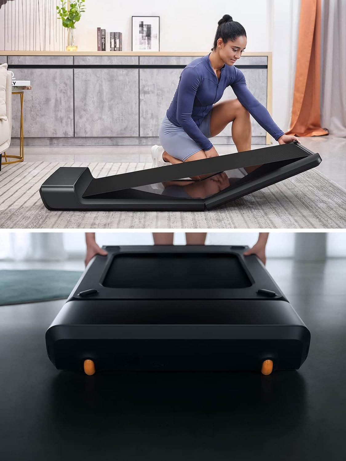 Eine Frau stellt das Kingsmith WalkingPad A1 Pro klappbares Laufband in einem modernen Wohnzimmer auf; eine Nahaufnahme hebt die Räder hervor, mit denen sich das Laufband leicht bewegen lässt.
