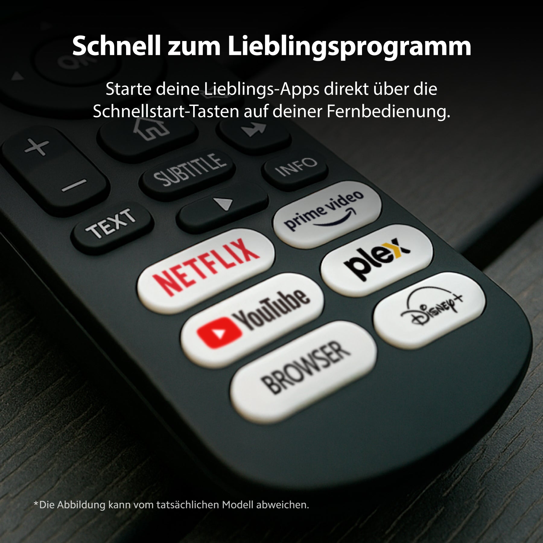 Nahaufnahme der Fernbedienung des Dyon Smart 24 VX-V Smart TV (24 Zoll, 60 cm) mit Schnellstart-Tasten für Netflix, Prime Video, Plex, YouTube und Disney+.