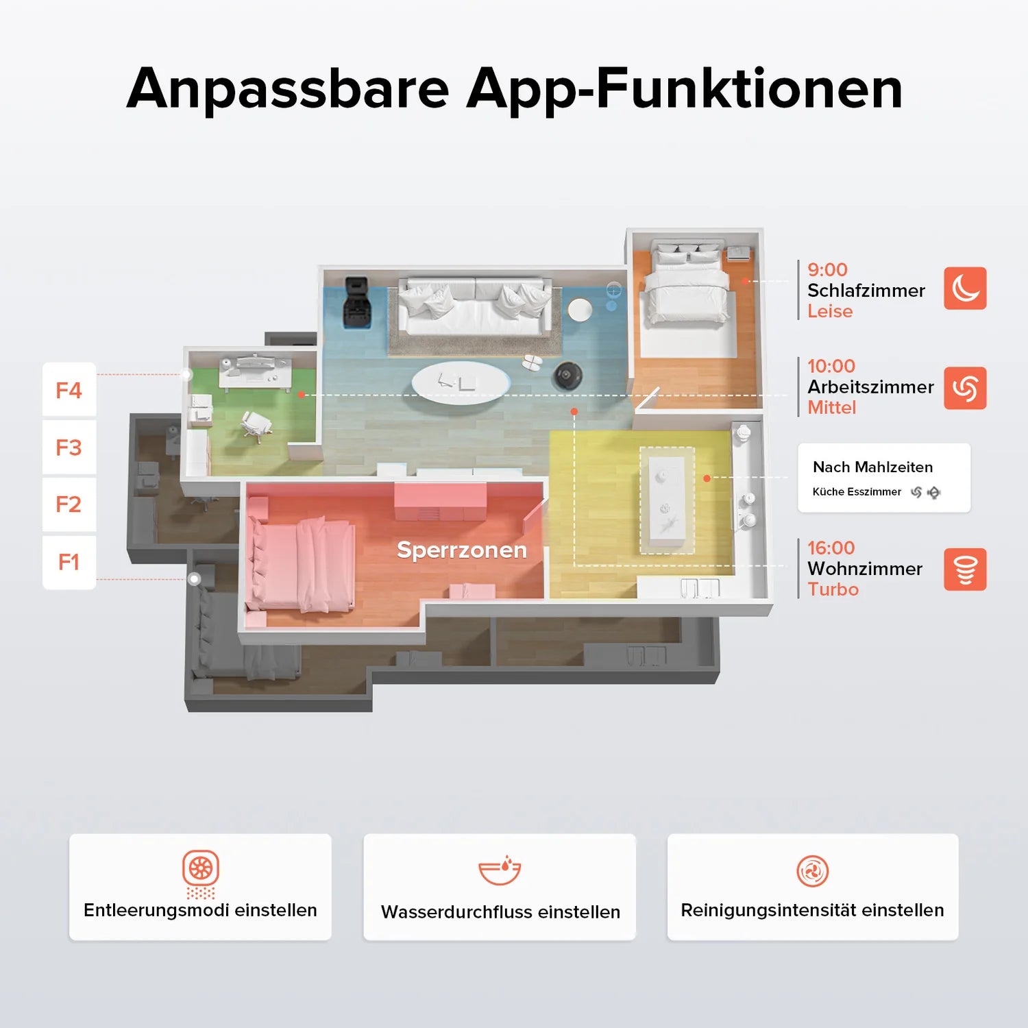 Grundriss einer Wohnung mit den anpassbaren App-Funktionen des Roborock Q8 Max Special Edition, mit beschrifteten Räumen, Reinigungsmodi, Sperrzonen und Zeitplanoptionen.
