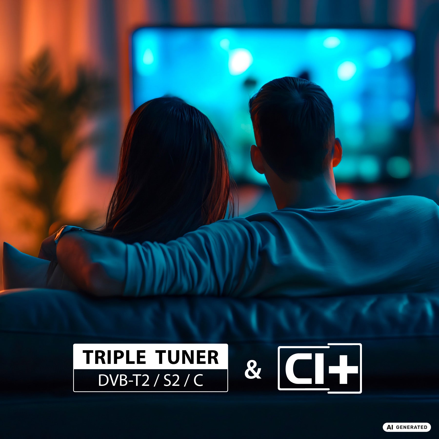 Ein Paar sitzt auf einem Sofa und schaut fern, im Vordergrund sind Text-Einblendungen mit der Aufschrift „Triple Tuner DVB-T2/S2/C & CI+“ zu sehen, die den Dyon Smart 50 VX 50-Zoll-4K-UHD-Smart-TV mit dem intuitiven VIDAA-Betriebssystem präsentieren.