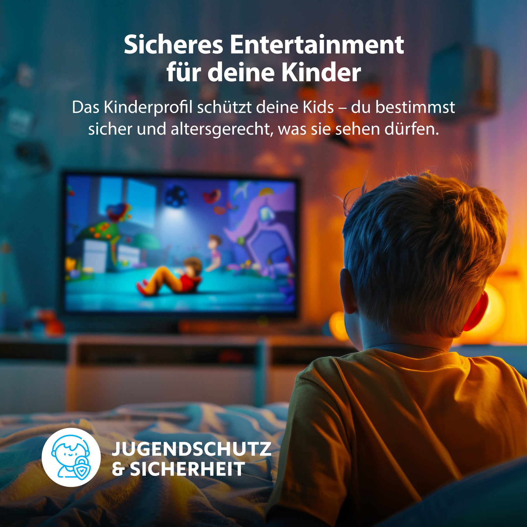 Ein kleines Kind sieht sich in einem schwach beleuchteten Raum eine Zeichentrickserie auf dem Dyon nexGo 43F Smart TV (43 Zoll, 108 cm) an, wobei ein Text die sicheren und altersgerechten Unterhaltungsoptionen für Kinder hervorhebt.