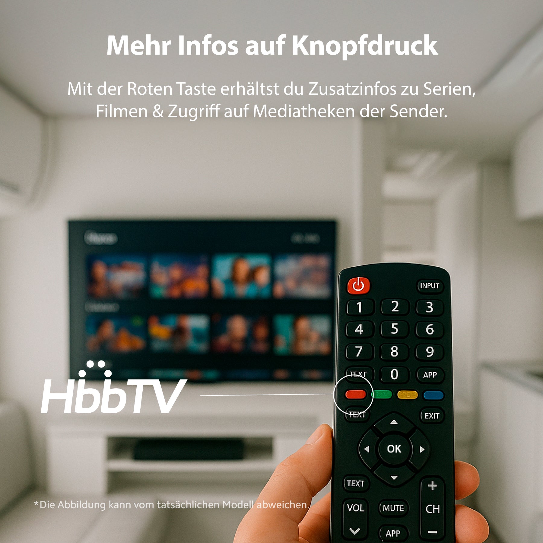 Eine Hand hält eine Fernbedienung vor dem Bildschirm eines Dyon Smart 24 VX-V Smart TV (24 Zoll, 60 cm), auf dem HbbTV-Funktionen und zusätzliche Informationen angezeigt werden, die über die rote Taste aufgerufen werden. Deutscher Text überlagert das Display.