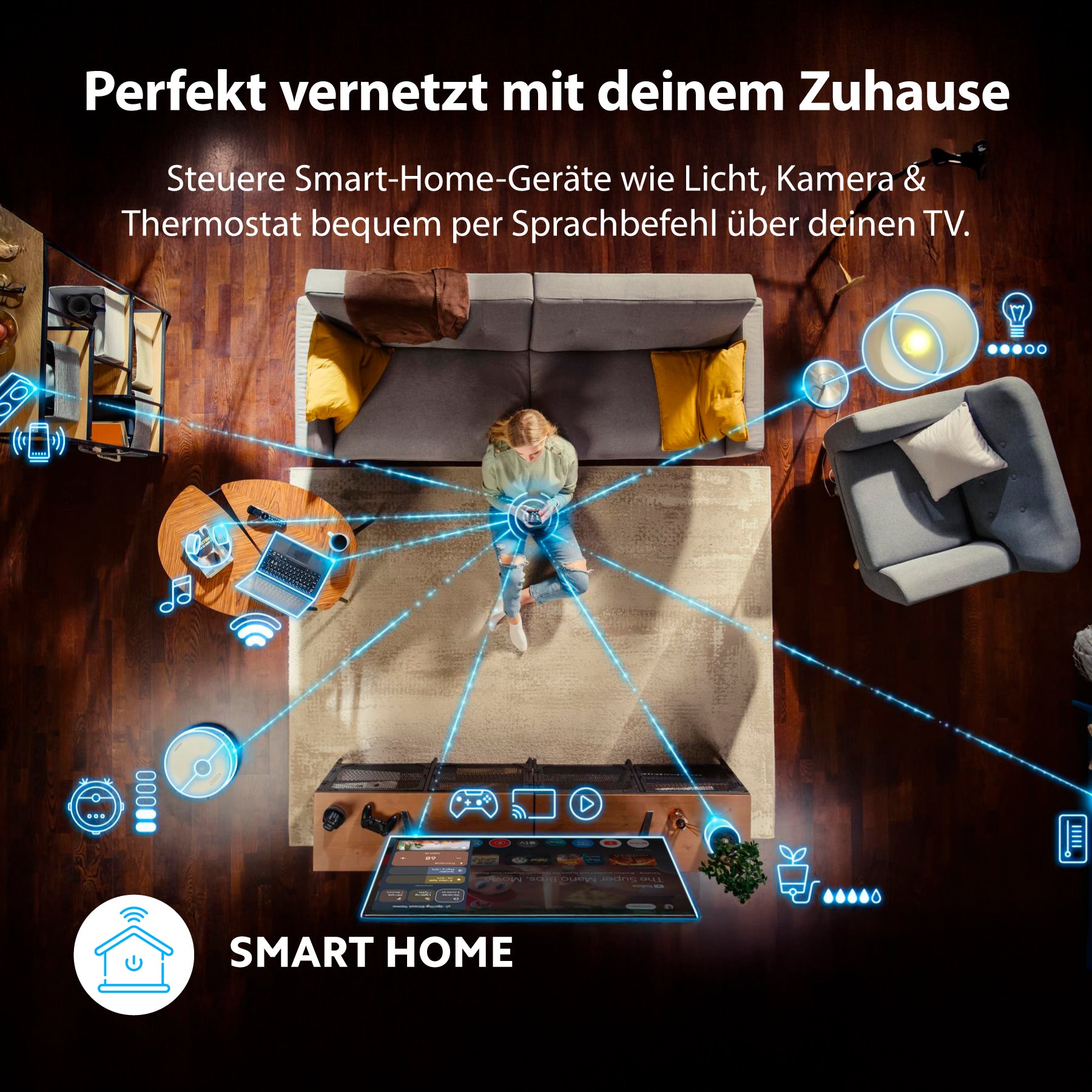 Eine Frau entspannt sich auf einem Sofa in einem modernen Wohnzimmer, in dem der nexGo 40F Smart LED-Fernseher (40 Zoll) von Dyon Smart Home-Geräte steuert. Auf der Google TV-Oberfläche werden Symbole für die Steuerung von Beleuchtung, Kamera und Thermostat angezeigt.