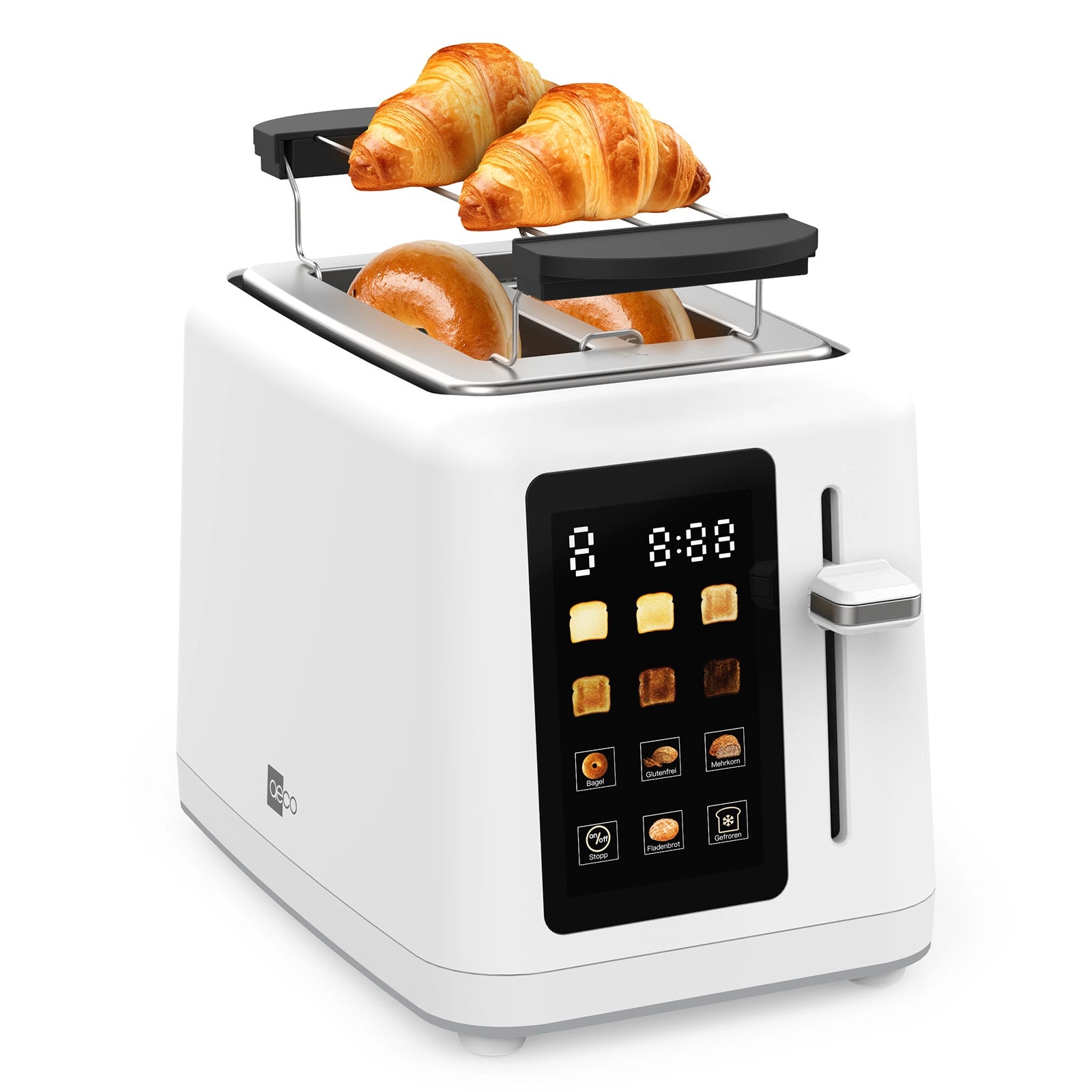 Der aeco toastlab MAX Touch LED-Toaster verfügt über eine LED-Anzeige, toastet zwei Croissants auf der Warmhalteplatte und zwei Bagels in den Schlitzen und ermöglicht es Ihnen, Ihren bevorzugten Bräunungsgrad zu wählen, um jedes Mal perfekte Ergebnisse zu erzielen.