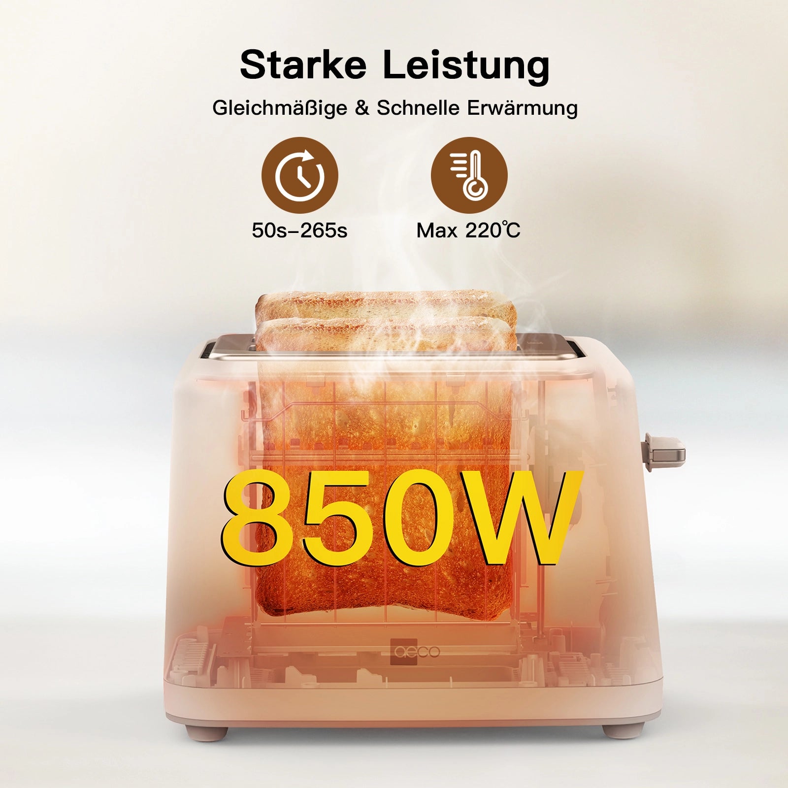 Der aeco toastlab MAX Touch LED-Toaster verfügt über eine Leistung von 850 W, Heizsymbole und einen deutschen Text, der die starke, schnelle und gleichmäßige Erhitzung hervorhebt. Das transparente Design zeigt zwei Scheiben und klare Bräunungsstufen für perfekte Ergebnisse.