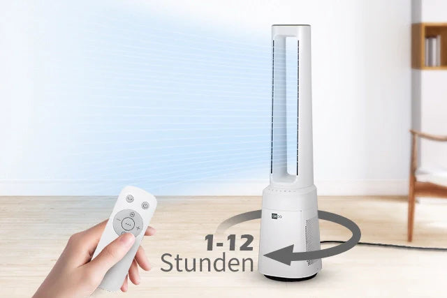 Ein Ventilator ohne Flügel schwingt in einem modernen Raum, mit einer Hand, die eine Fernbedienung hält, und dem Text "1-12 Stunden", der eine Zeiteinstellung von 1-12 Stunden anzeigt.