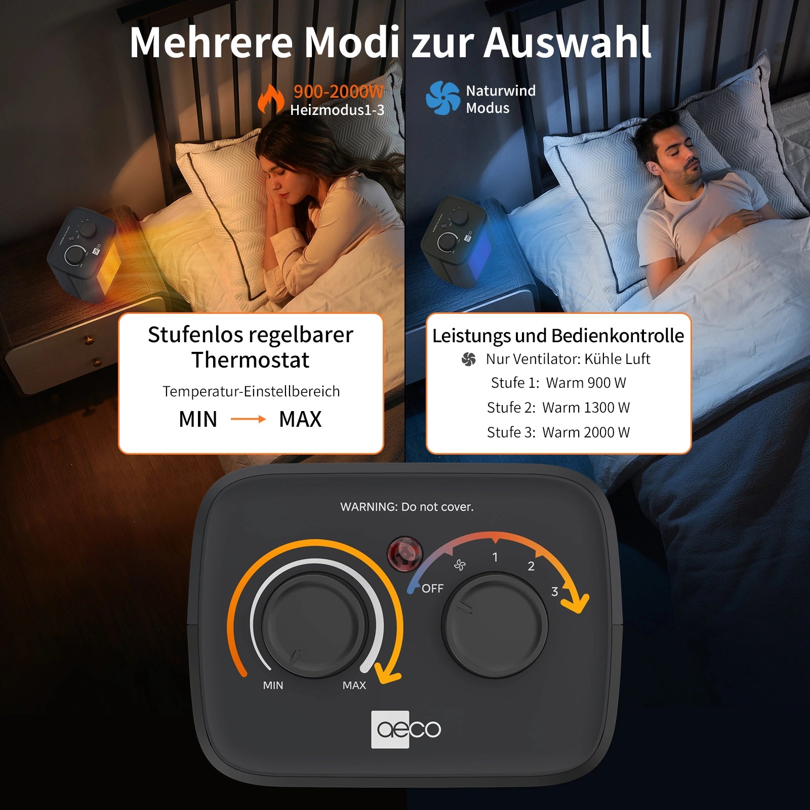 Ein Mann und eine Frau schlafen in getrennten Betten mit dem aeco EcoHeat One-Heizgerät zwischen ihnen; eine Nahaufnahme unten zeigt die Bedienelemente und Einstellungen des EcoHeat One.