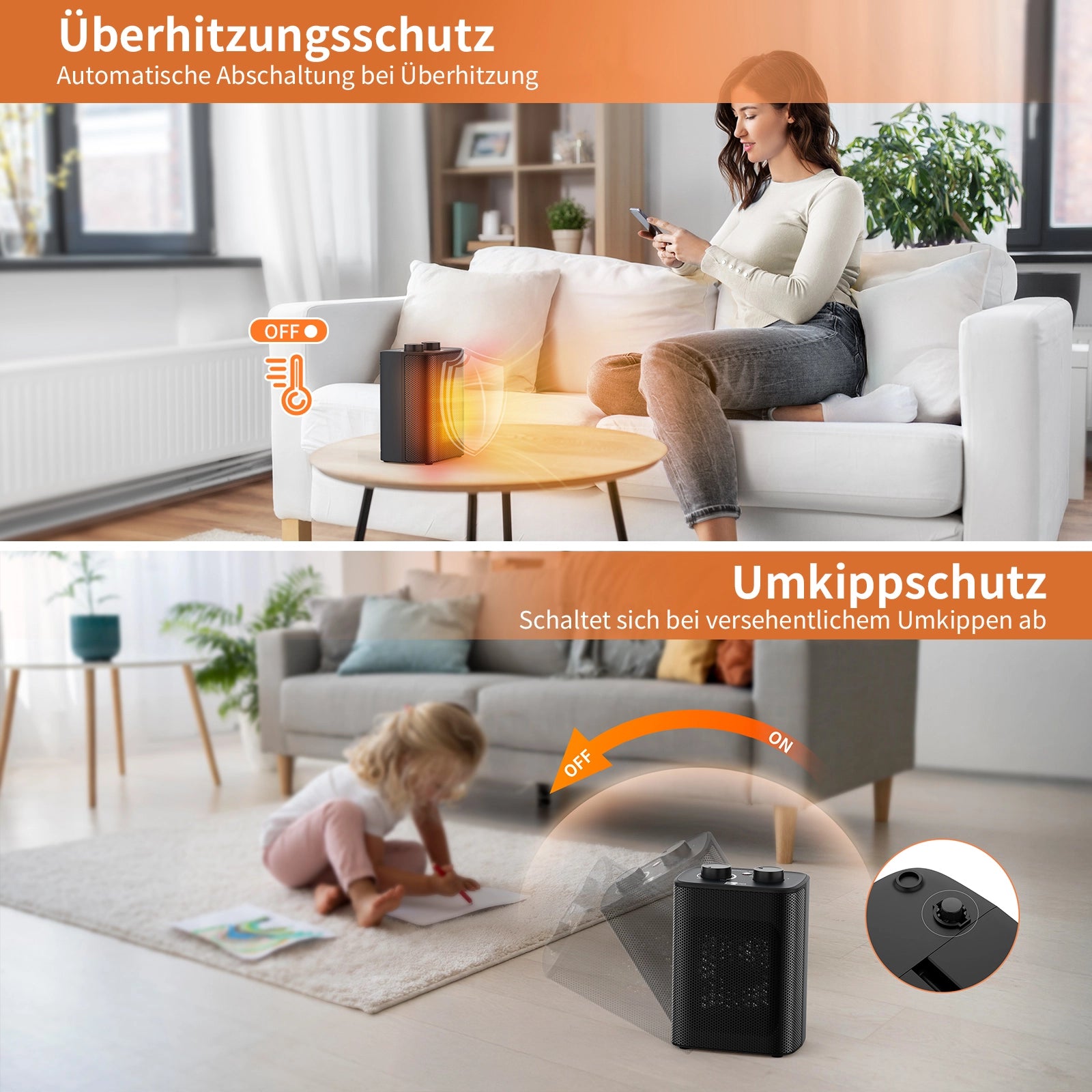 Eine Frau entspannt sich auf einem Sofa in der Nähe der aeco EcoHeat One Heizung mit Überhitzungsschutz; in der Nähe spielt ein Kind mit Umkippschutz. Ein deutscher Sicherheitstext wird angezeigt.