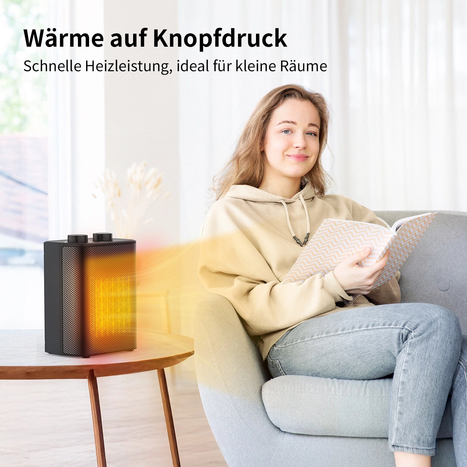 Eine Frau liest auf einem Sofa, während die aeco EcoHeat One Raumheizung den Raum daneben wärmt. Der deutsche Text hebt die schnelle Heizung der EcoHeat One für kleine Räume hervor.