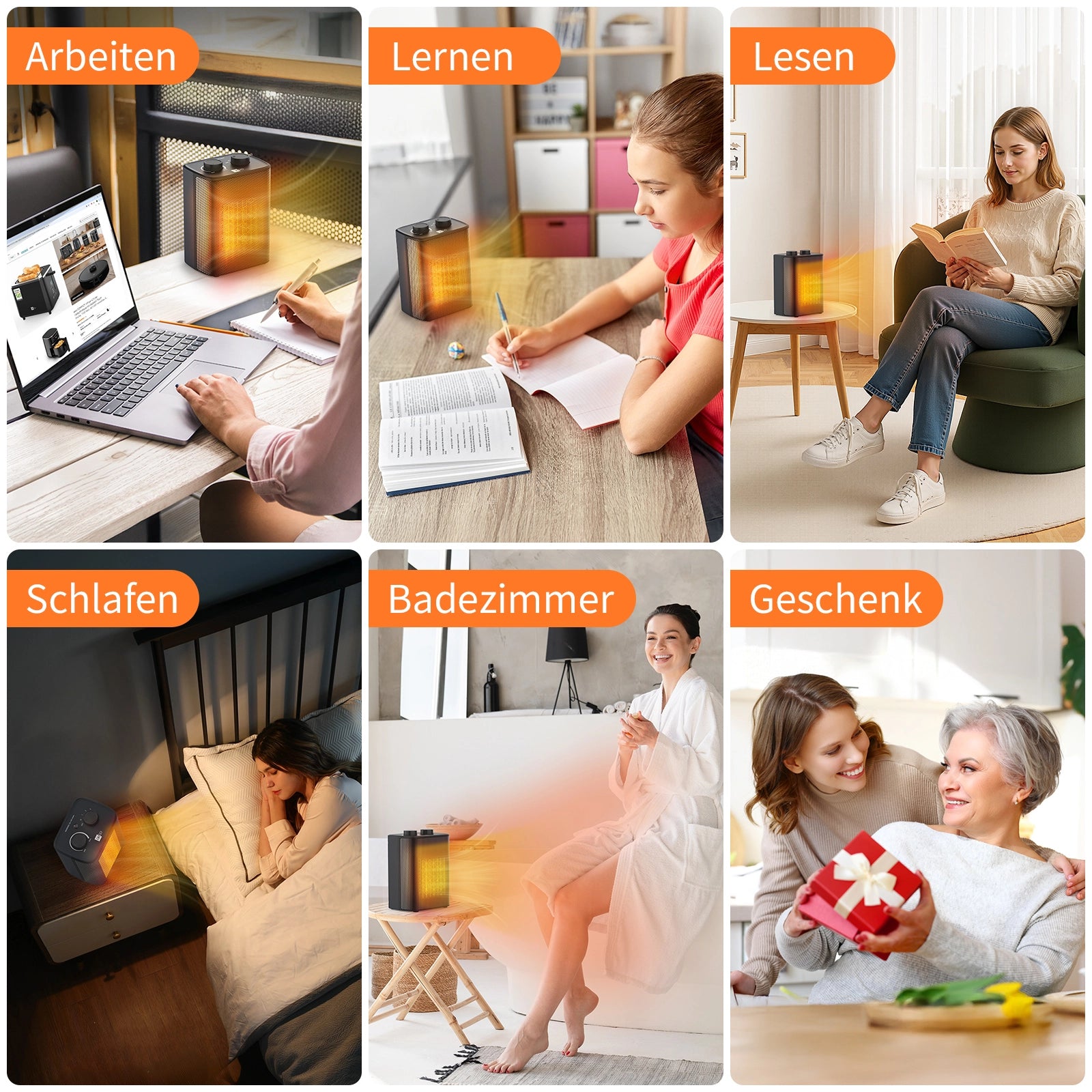 Collage von Personen, die die aeco EcoHeat One Heizung zum Arbeiten, Lernen, Lesen, Schlafen, im Badezimmer und als Geschenk verwenden. Deutsche Etiketten kennzeichnen jede Aktivität.
