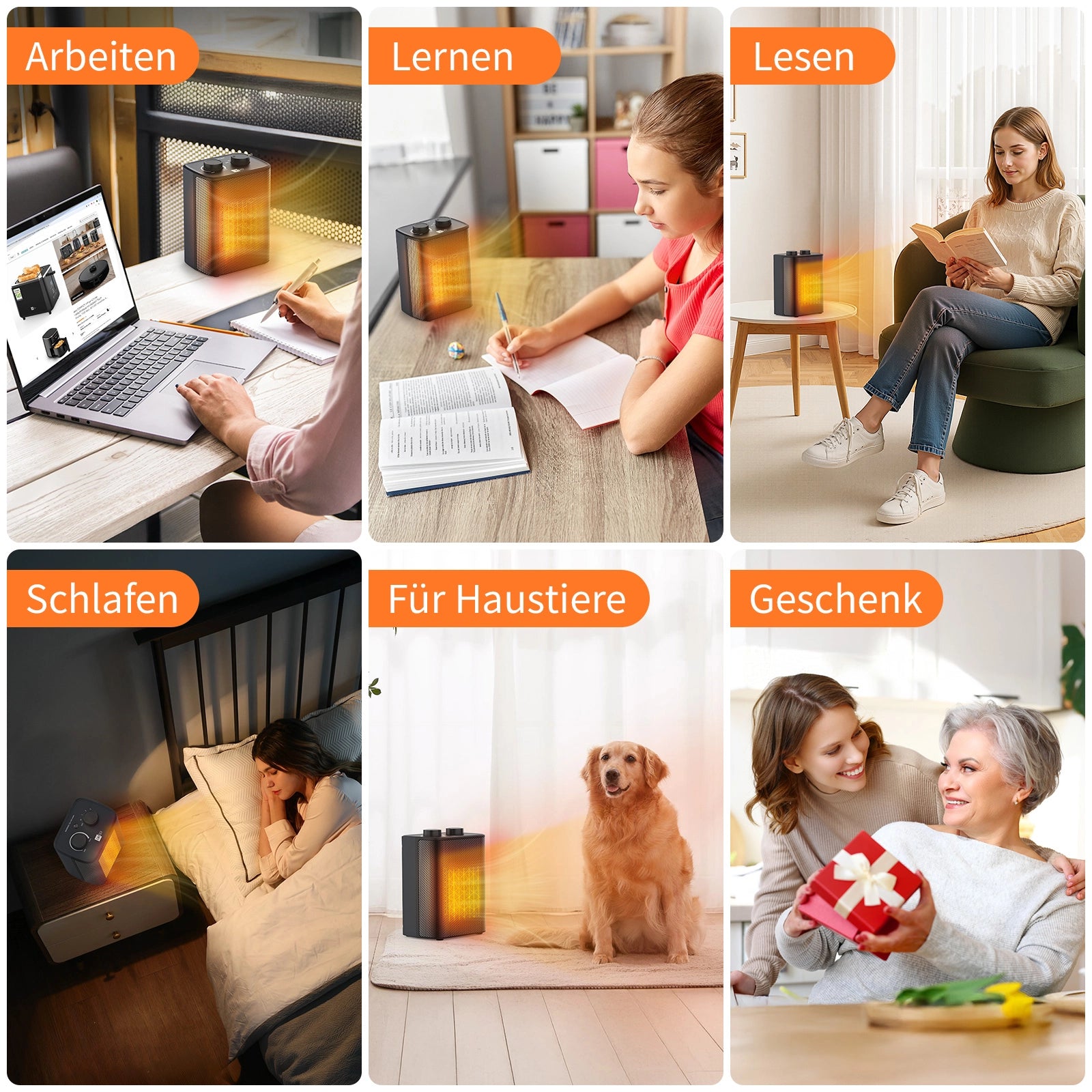 Eine Collage zeigt Menschen, die die aeco EcoHeat One zum Arbeiten, Lernen, Lesen, Schlafen, Entspannen mit dem Hund und zum Verschenken verwenden. Orangefarbene deutsche Etiketten heben jede Aktivität und die einstellbaren Heizstufen hervor.