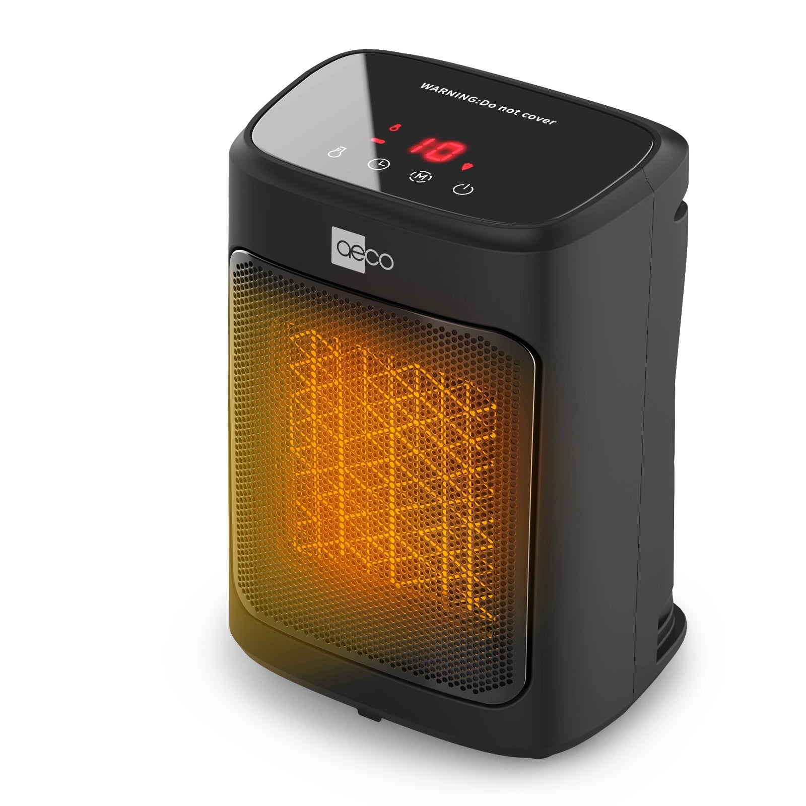 Der aeco EcoHeat Core ist ein kompakter, schwarzer elektrischer Heizstrahler mit Digitalanzeige und orange leuchtenden Heizelementen, die hinter der Gitterfront sichtbar sind.