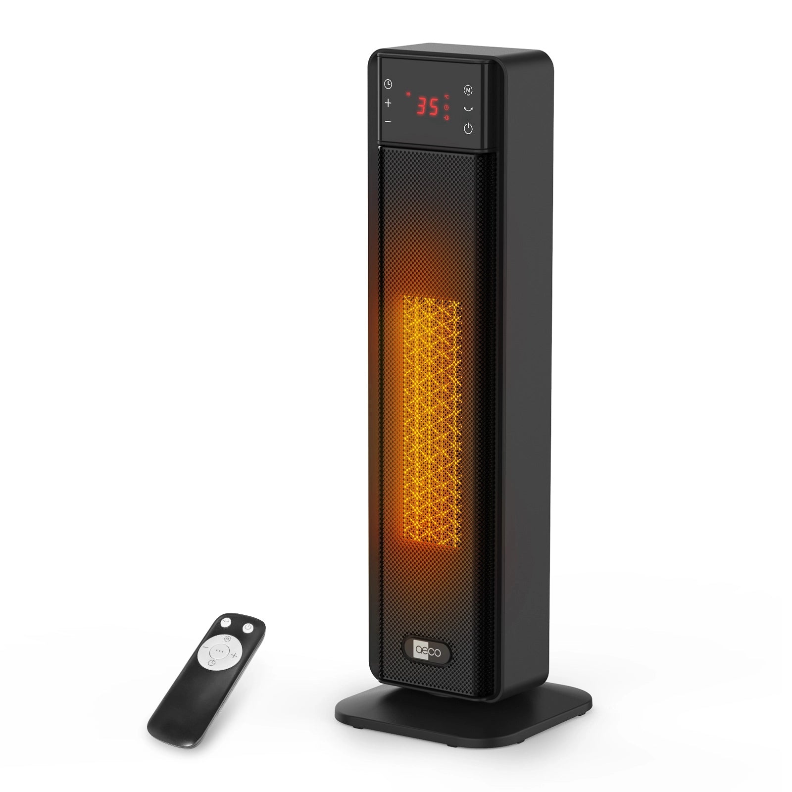 Der aeco EcoHeat Boost, ein schwarzer Heizturm mit einer Digitalanzeige von 35°C, verfügt über ein sichtbares Heizelement und eine Fernbedienung.