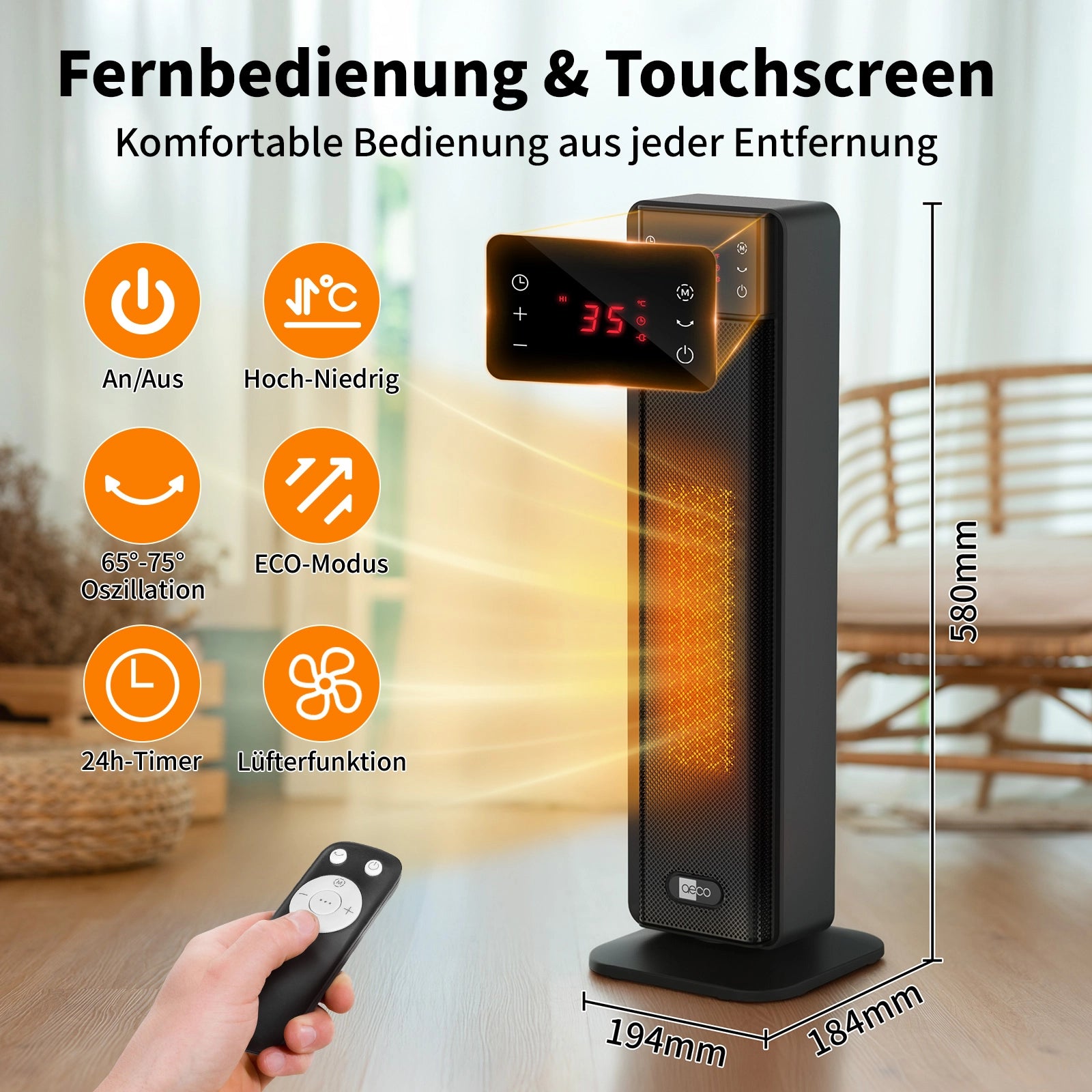 Der aeco EcoHeat Boost ist ein schwarzer Heizturm mit Digitalanzeige, Fernbedienung, Oszillation, Eco-Modus, Timer, Gebläsefunktion und Touch-Bedienung - inklusive Maßangaben.