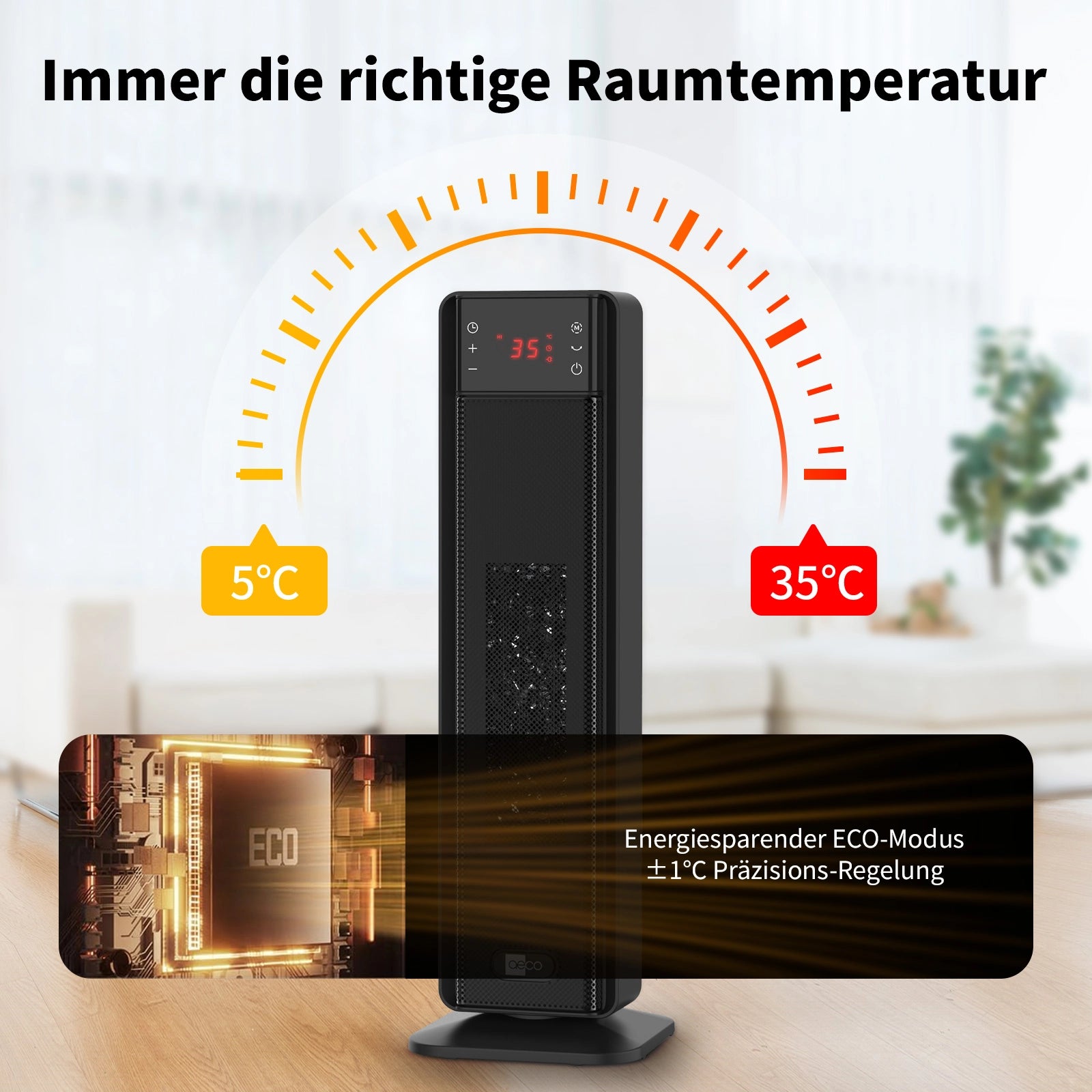 Der aeco EcoHeat Boost ist ein schwarzer Heizturm mit einer digitalen Anzeige.