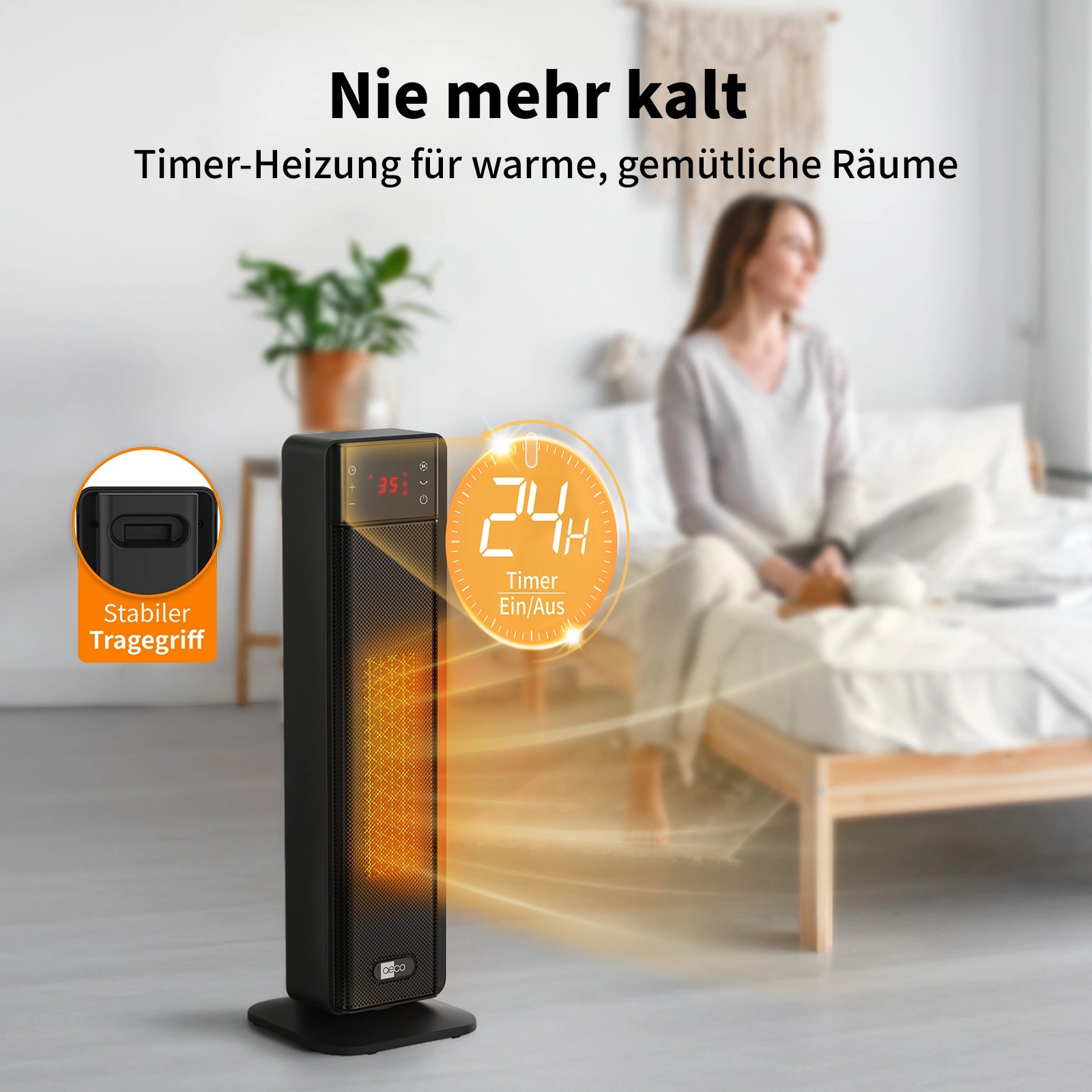 Eine Frau entspannt sich auf ihrem Bett, während in der Nähe ein aeco EcoHeat Boost-Raumheizgerät mit Digitalanzeige läuft und warme Luft zirkulieren lässt; der deutsche Text hebt die Funktionen Timer und Tragegriff hervor.