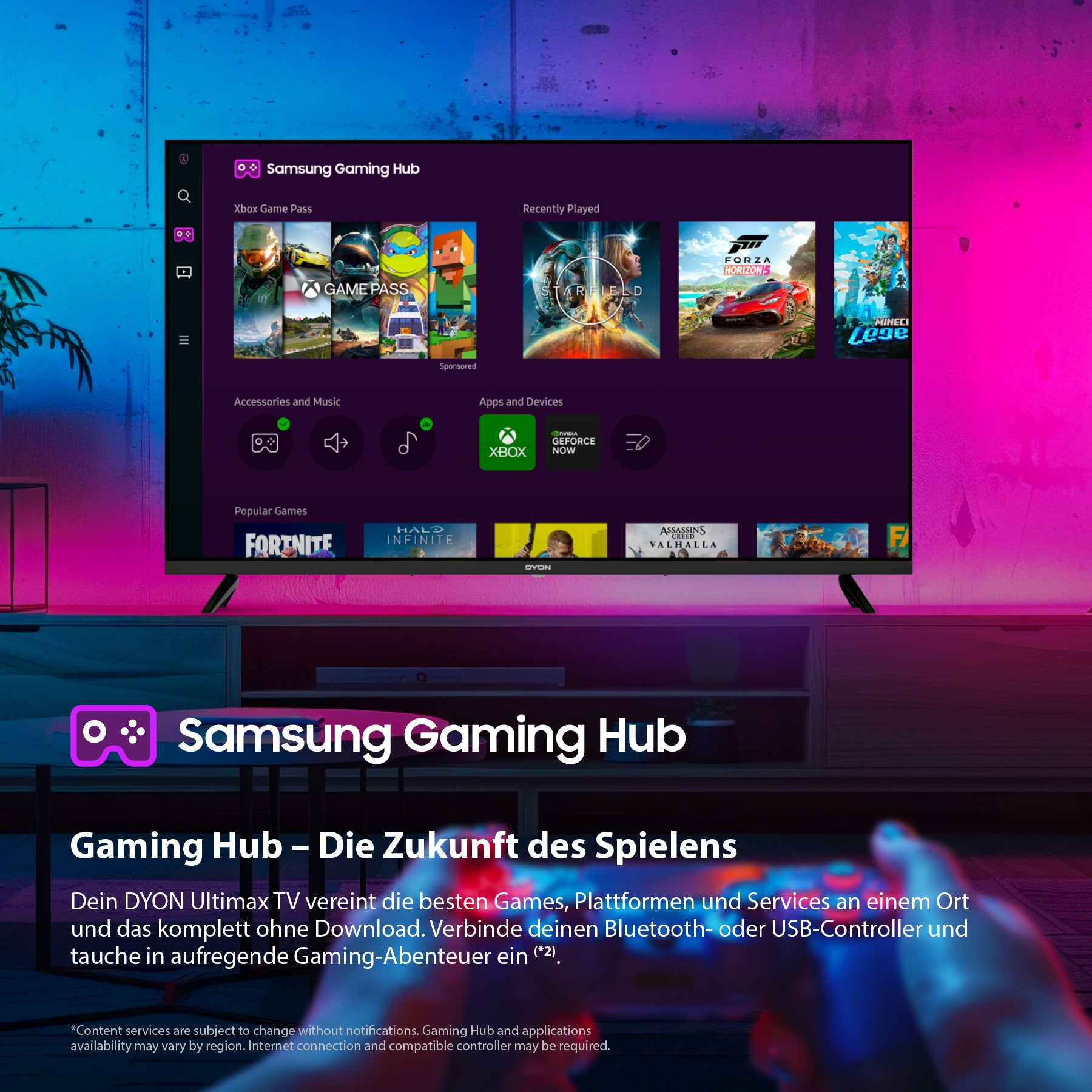 Ein Fernseher zeigt die Samsung Gaming Hub-Oberfläche mit verschiedenen Spielsymbolen an. Der Bildschirm ist von einer futuristischen, farbenfrohen Raumgestaltung umgeben, unter der ein deutscher Text die Spielfunktionen beschreibt.