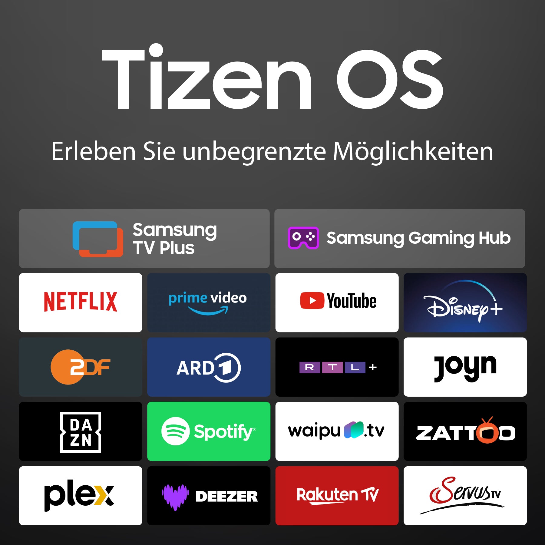 Raster von 20 Logos für Streaming-Dienste, darunter Netflix, YouTube, Disney+, Spotify und Samsung TV Plus, die unter der Überschrift "Tizen OS" mit deutschem Text angezeigt werden.