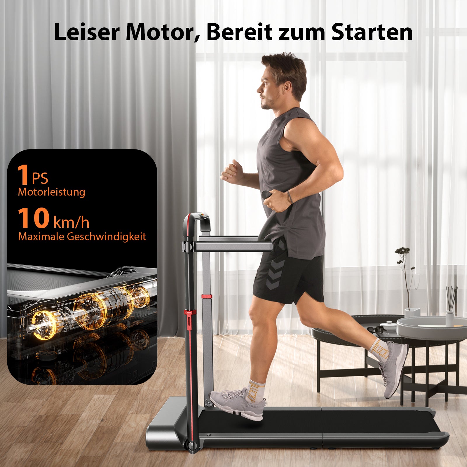Ein Mann läuft in einer Halle auf dem platzsparenden, faltbaren Kingsmith WalkingPad R1/R1H 2 in 1 Laufband; der Text hebt seinen leisen Motor, 1 PS und bis zu 10 km/h Maximalgeschwindigkeit hervor.