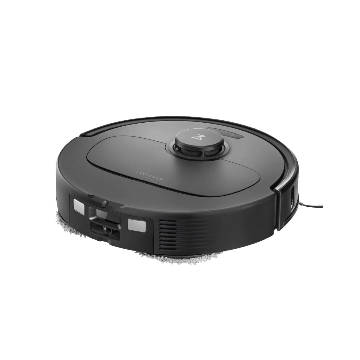 Der Roborock Qrevo Plus Black, ein kreisförmiger Staubsaugerroboter, wird vor einem weißen Hintergrund gezeigt.