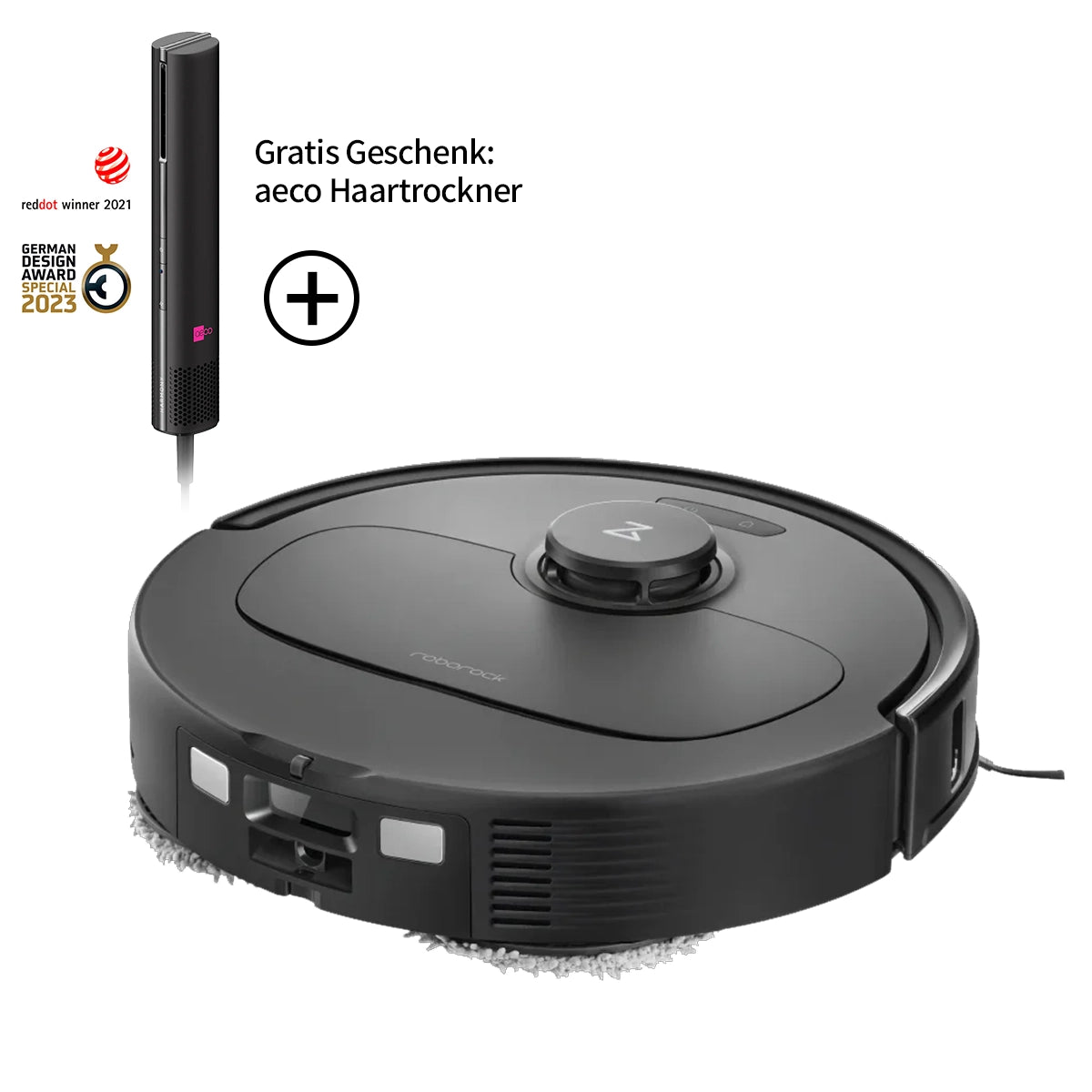 Der Roborock Qrevo Plus Black Staubsaugerroboter mit Wischfunktion wird zusammen mit einem kostenlosen schwarzen Haartrockner gezeigt. In der oberen linken Ecke sind mehrere Designpreis-Logos zu sehen.