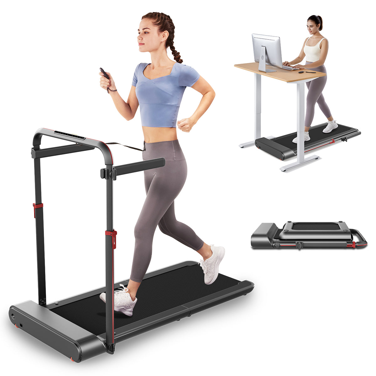 Eine Frau läuft auf einem Laufband, eine andere benutzt das Kingsmith WalkingPad R1/R1H 2 in 1 Klappbares Laufband bis 10 km/h unter ihrem Stehpult, und eines wird zur einfachen Aufbewahrung zusammengeklappt gezeigt.