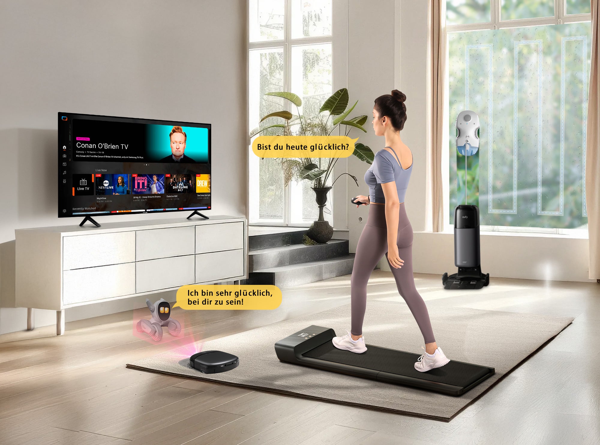 Eine Frau läuft auf einem Laufband in einem modernen Wohnzimmer und sieht fern. Über einem Staubsaugerroboter und einem Robotertier auf dem Boden erscheinen Sprechblasen in deutscher Sprache.