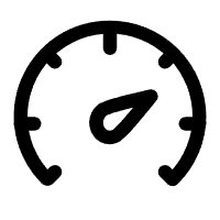 Schwarzes Tachometer-Symbol mit einer Nadel, die nach rechts zeigt, auf hellgrauem Hintergrund.