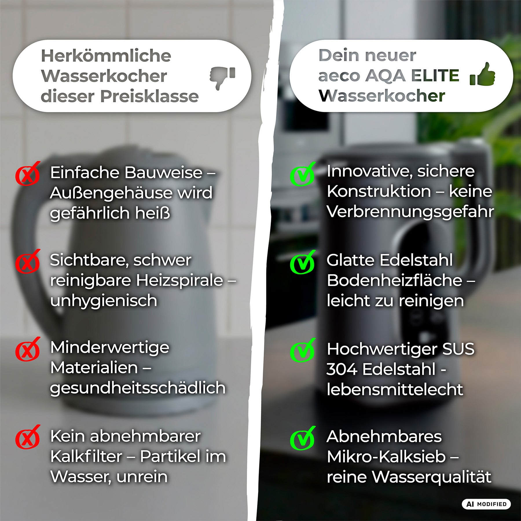 Vergleichstabelle zweier aeco-Wasserkocher – darunter der AQA ELITE Wasserkocher –, in der grundlegende und erweiterte Funktionen mit Häkchen und Kreuzen dargestellt sind, ergänzt durch Hintergrundfotos beider Wasserkocher.