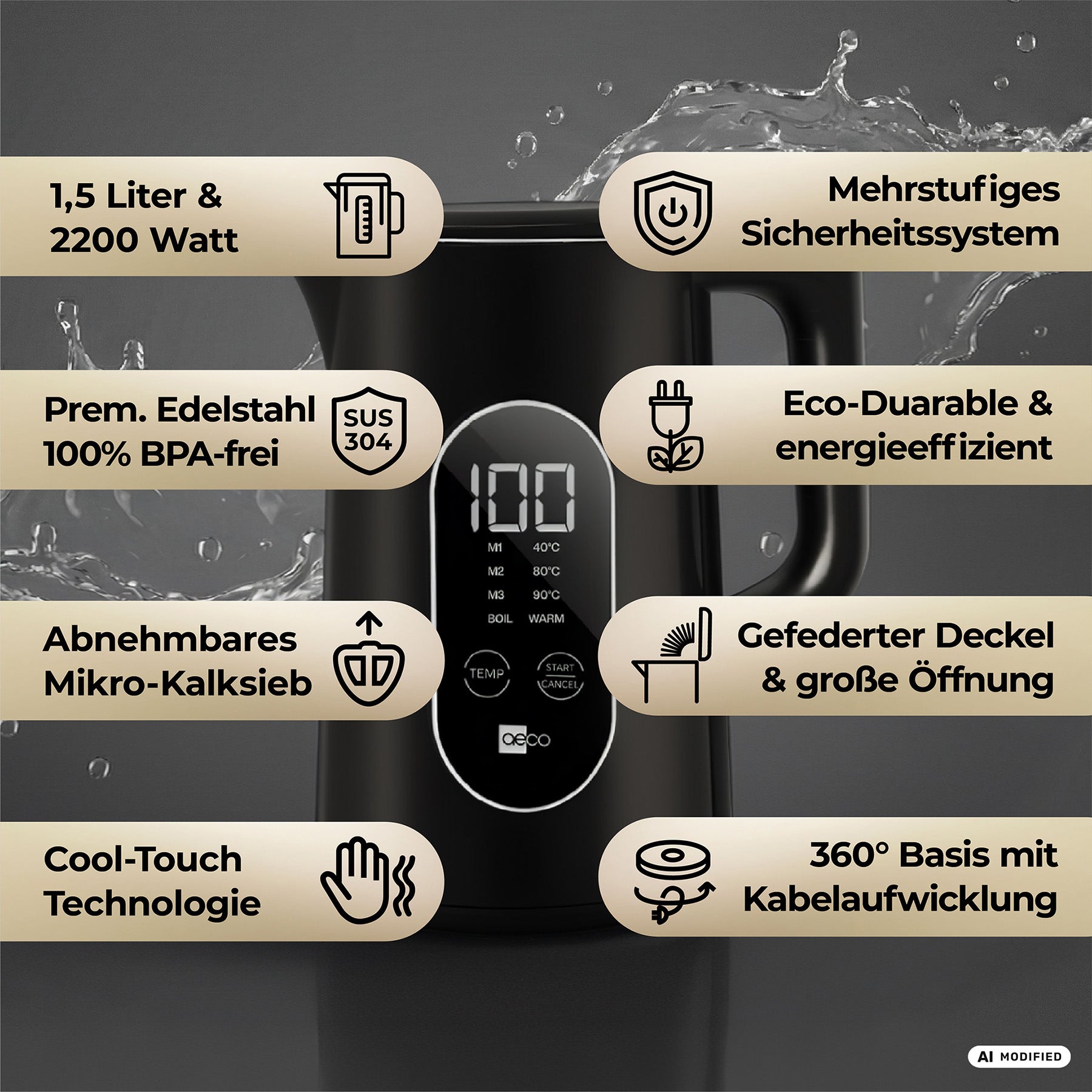 Aeco AQA ELITE Wasserkocher: 1,5-Liter-Wasserkocher aus Edelstahl mit Digitalanzeige, zahlreichen Sicherheitsfunktionen, herausnehmbarem Kalkfilter, Cool-Touch-Design, umweltfreundlicher Konstruktion, um 360° drehbarem Sockel und integrierter Kabelaufbewahrung; leistungsstark mit 2200 W.