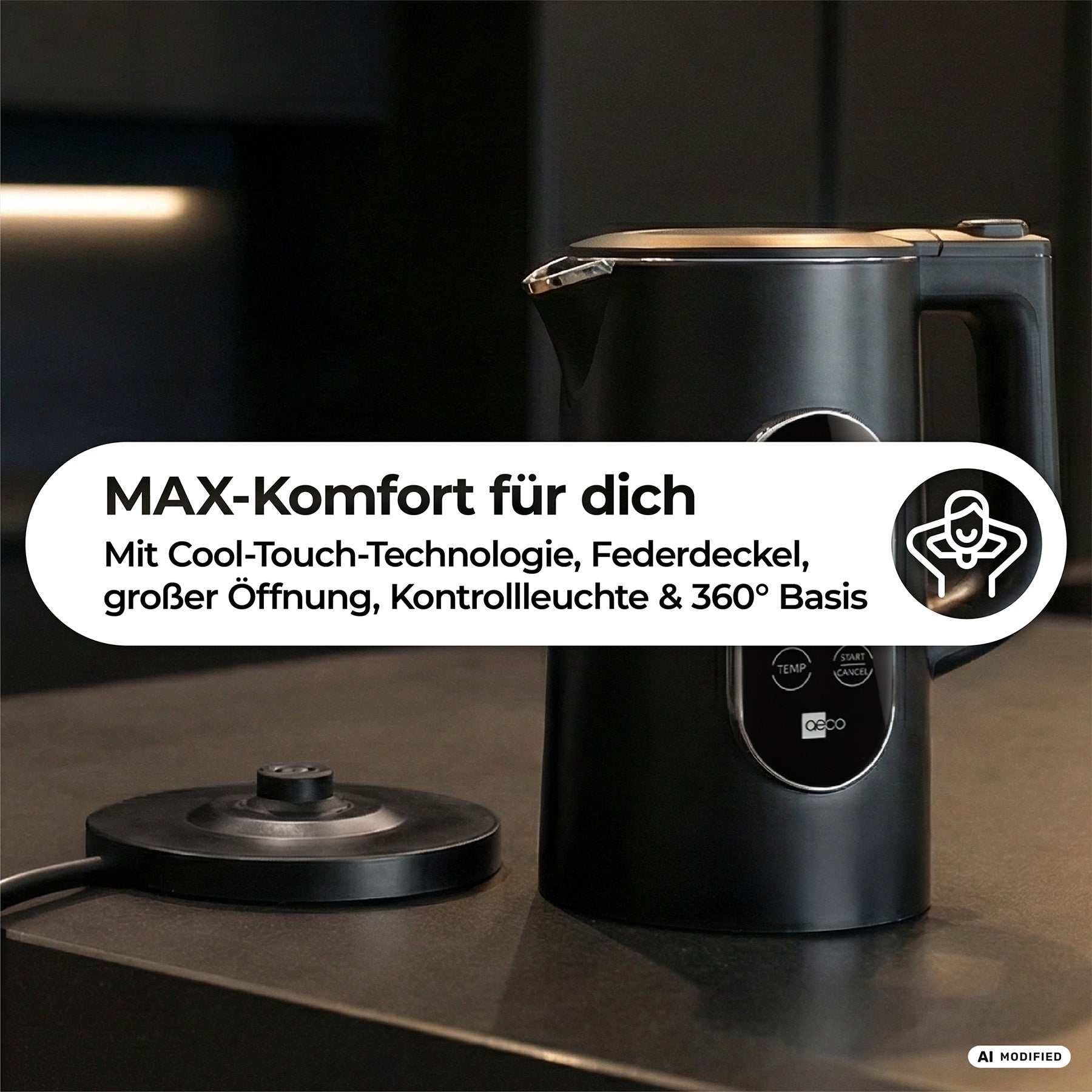 Der aeco AQA ELITE Wasserkocher, ein schwarzer Wasserkocher mit digitaler Steuerung, steht auf einer Küchenarbeitsplatte neben seinem runden 360°-Sockel; deutsche Beschriftungen heben Funktionen wie „Cool-Touch“ und einfache Handhabung hervor.