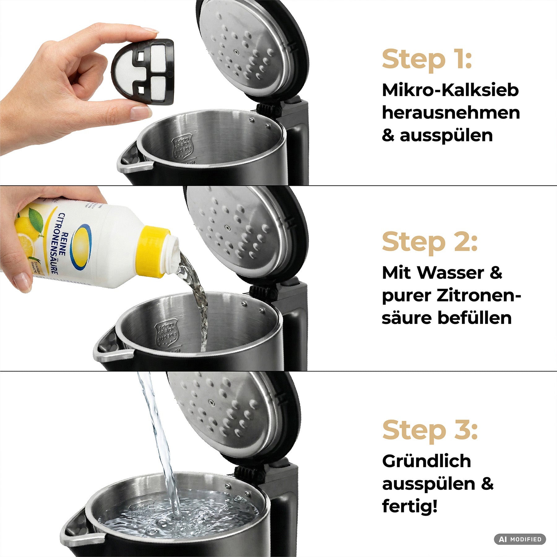 Dreistufige Anleitung für den aeco AQA ELITE Wasserkocher: Filter entfernen, Wasser und Zitronensäure in den Wasserkocher geben, anschließend ausspülen; die Anleitung ist in deutscher Sprache verfasst.