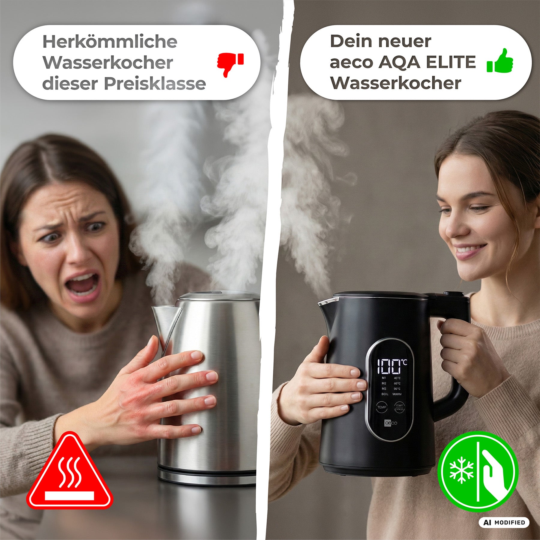 Geteiltes Bild: Links weicht eine Frau vor einem heißen Metallwasserkocher zurück; rechts lächelt sie, während sie den aeco AQA ELITE Wasserkocher in der Hand hält – einen eleganten schwarzen Wasserkocher mit Temperaturanzeige und sichtbarem Dampf –, der durch sein modernes Design und seine fortschrittlichen Sicherheitsmerkmale besticht.