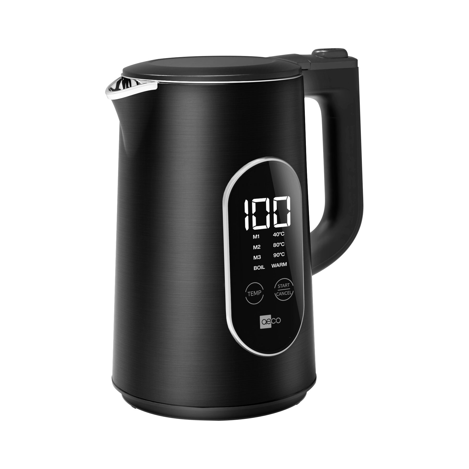 Der aeco AQA Elite Wasserkocher ist ein schwarzer Wasserkocher von aeco mit einer digitalen Temperaturanzeige auf der Vorderseite und mehreren Bedientasten unterhalb des Bildschirms.
