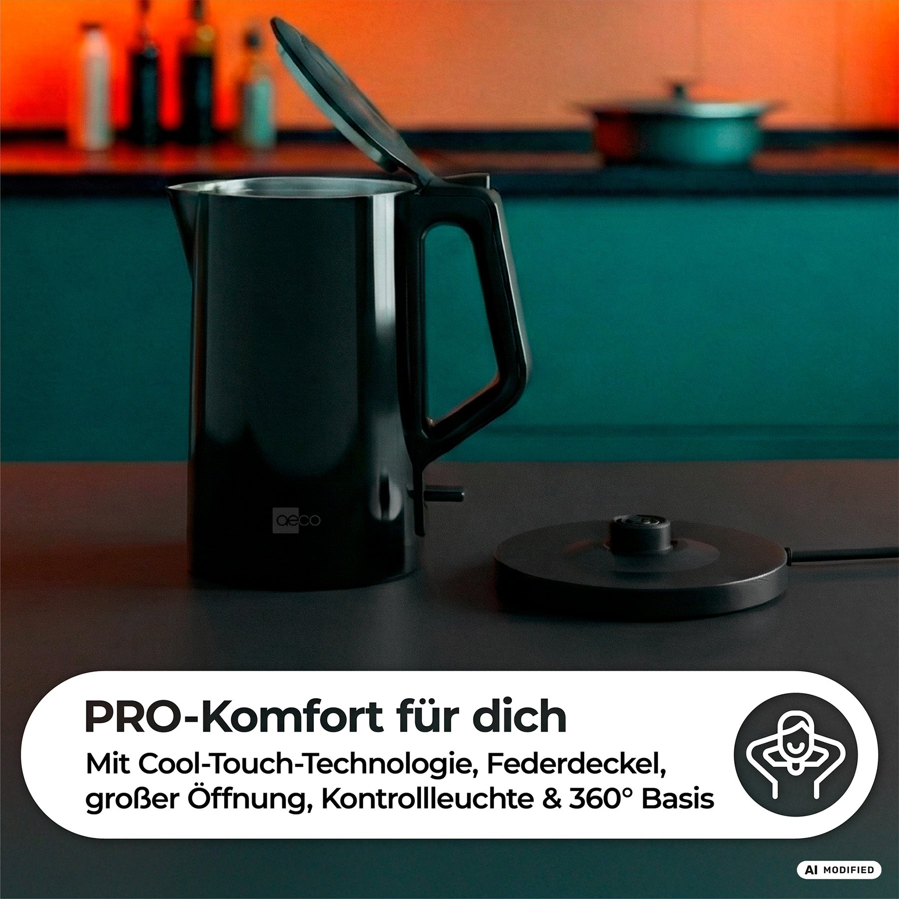 Der AQA PRO Wasserkocher von Aeco – ein eleganter, moderner schwarzer Wasserkocher mit geöffnetem Deckel – steht auf einer Küchenarbeitsplatte neben seiner Halterung. Darunter hebt ein weißes Infofeld in deutscher Sprache seine Funktionen hervor.