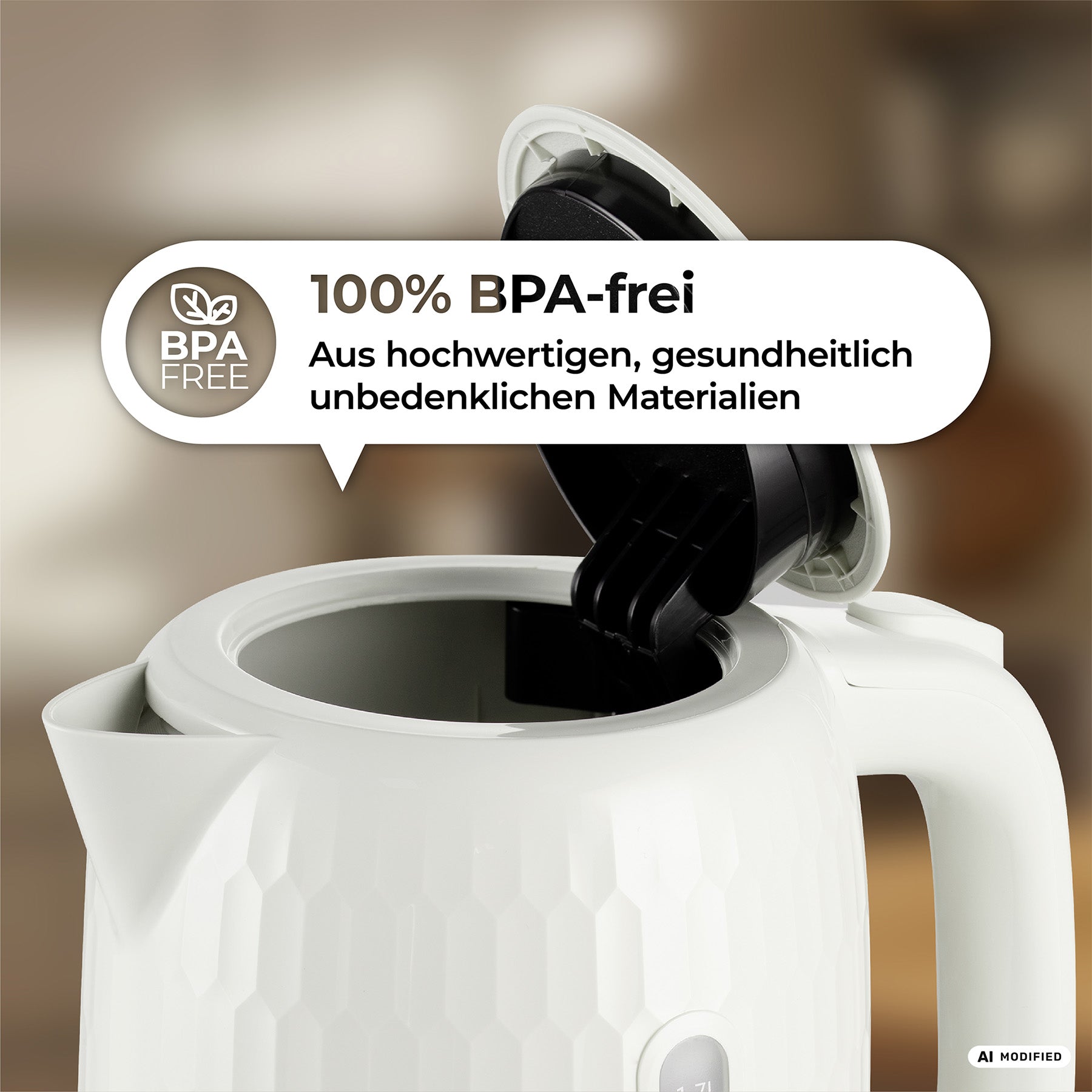 AQA ONE Wasserkocher von aeco mit geöffnetem Deckel in Weiß. Text: 100 % BPA-frei und aus hochwertigen, gesundheitlich unbedenklichen Materialien hergestellt (auf Deutsch).