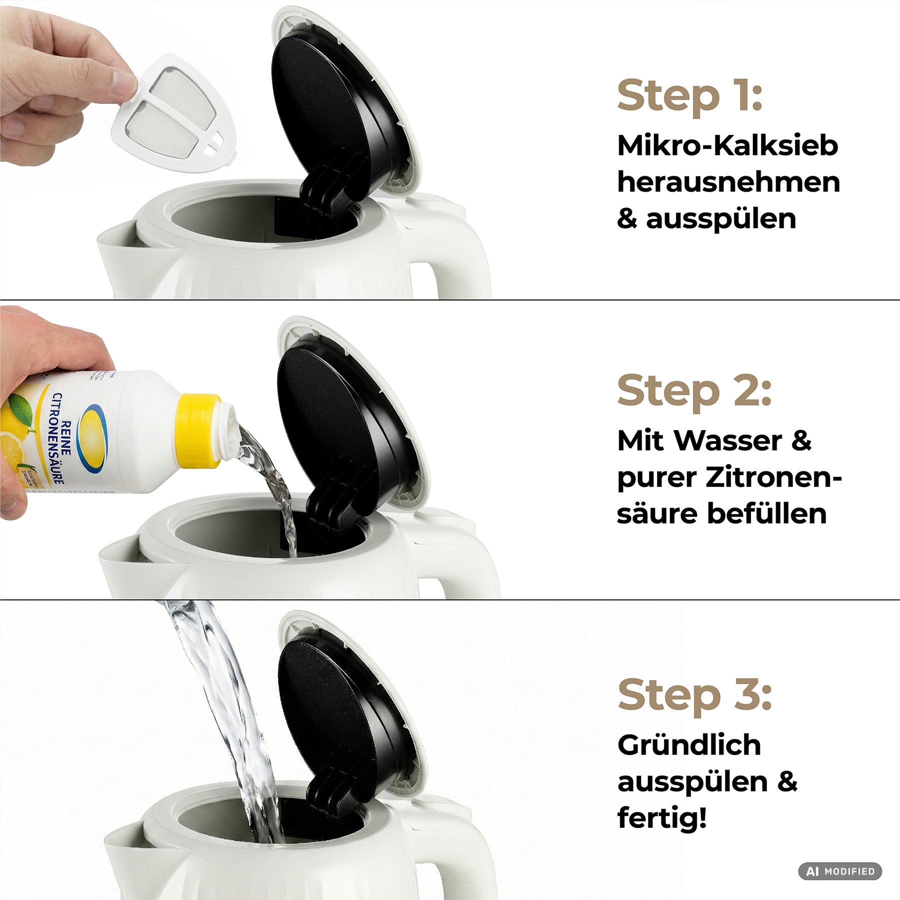 Hier ist eine überarbeitete Version, in die Ihre Produktdaten eingearbeitet wurden: Drei Schritte zur Reinigung des aeco AQA ONE Wasserkochers: Entfernen und spülen Sie den Filter, füllen Sie den Wasserkocher mit Wasser und Zitronensäure und spülen Sie ihn anschließend gründlich aus.