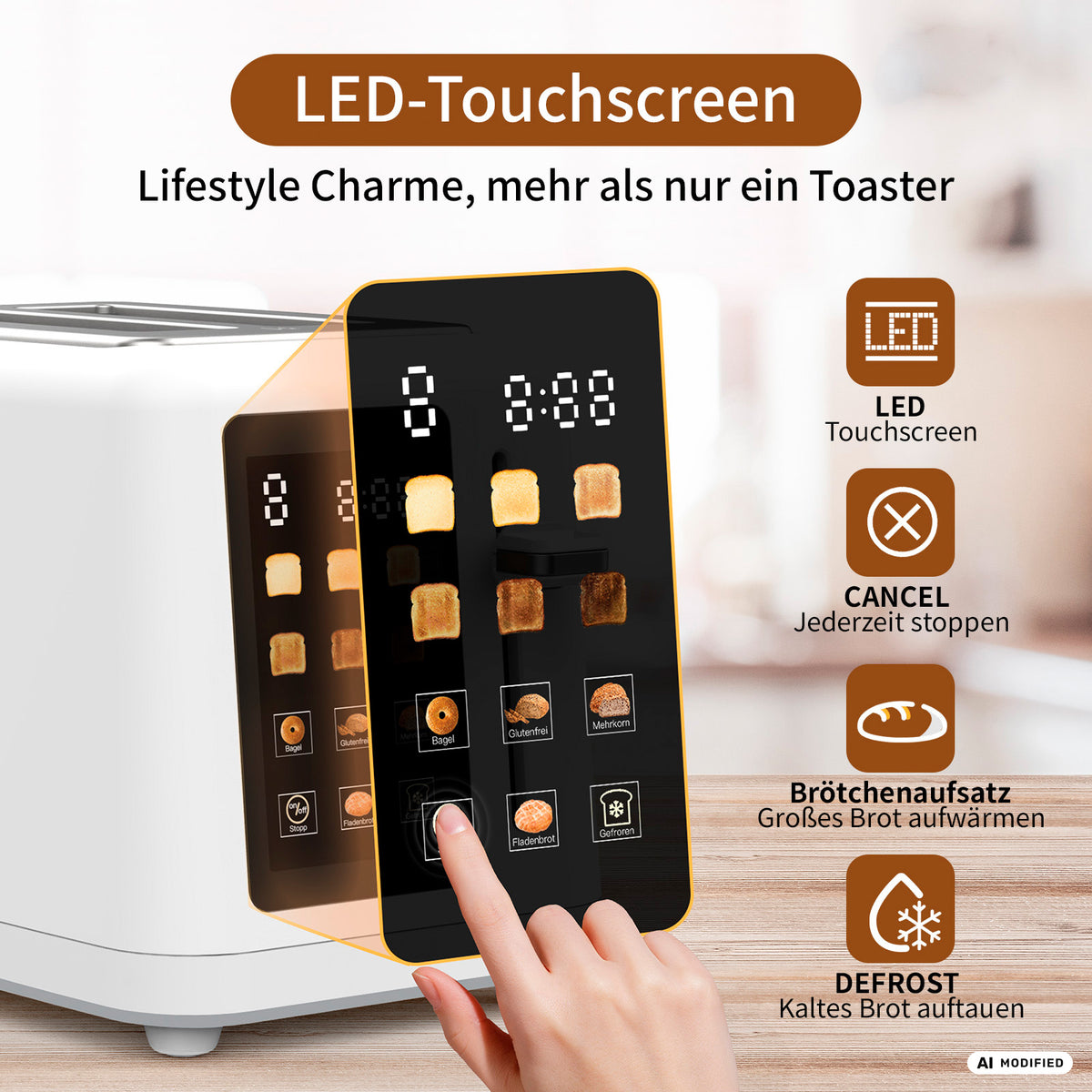 Eine Person tippt auf den digitalen Touchscreen eines weißen „toastlab MAX Touch LED“-Toasters von aeco mit LED-Display, auf dem Symbole für verschiedene Brotsorten, variable Bräunungsstufen, Garzeiten sowie Funktionen wie „Abbrechen“, „Aufwärmen“ und „Auftaufunktion“ angezeigt werden.